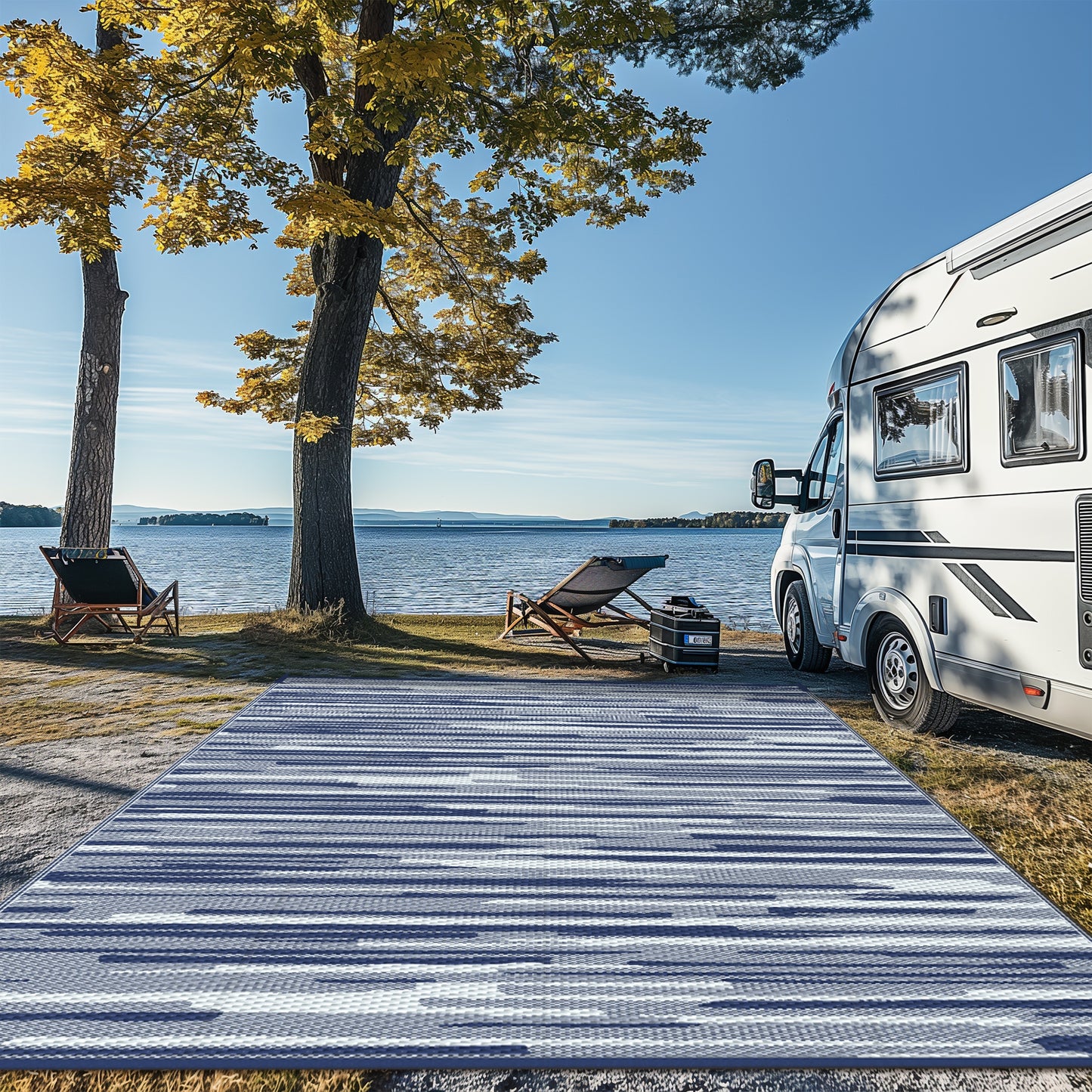 KUETH 6' x 9' Outdoor Waterproof Reversible Rug Camping Mat Abstract Patio Yard Carpet,BLUE&WHITE