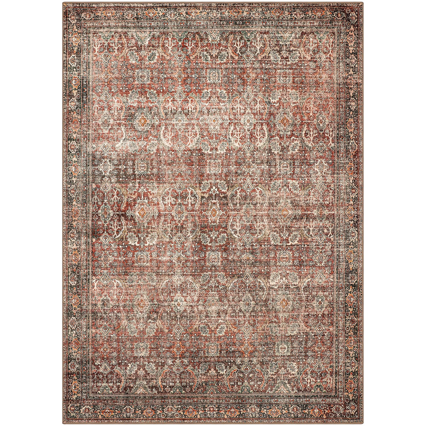 Masiis Area Rug Machine Washable Large Vintage Distressed Print Thin Chenille Bedroom Living Room Accent Rug, Low Pile Lightweight Non Slip with Gripper