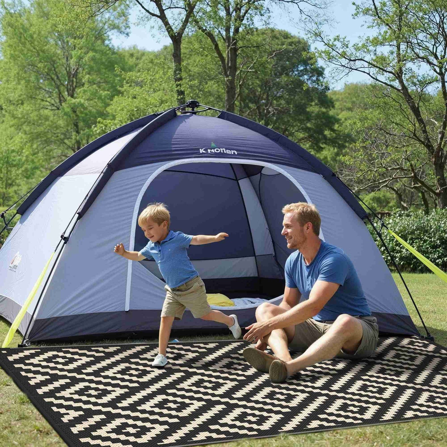 KUETH 8'x 10'Outdoor Waterproof Rug Camping Mat Patio Geometric Carpet,Black & Beige