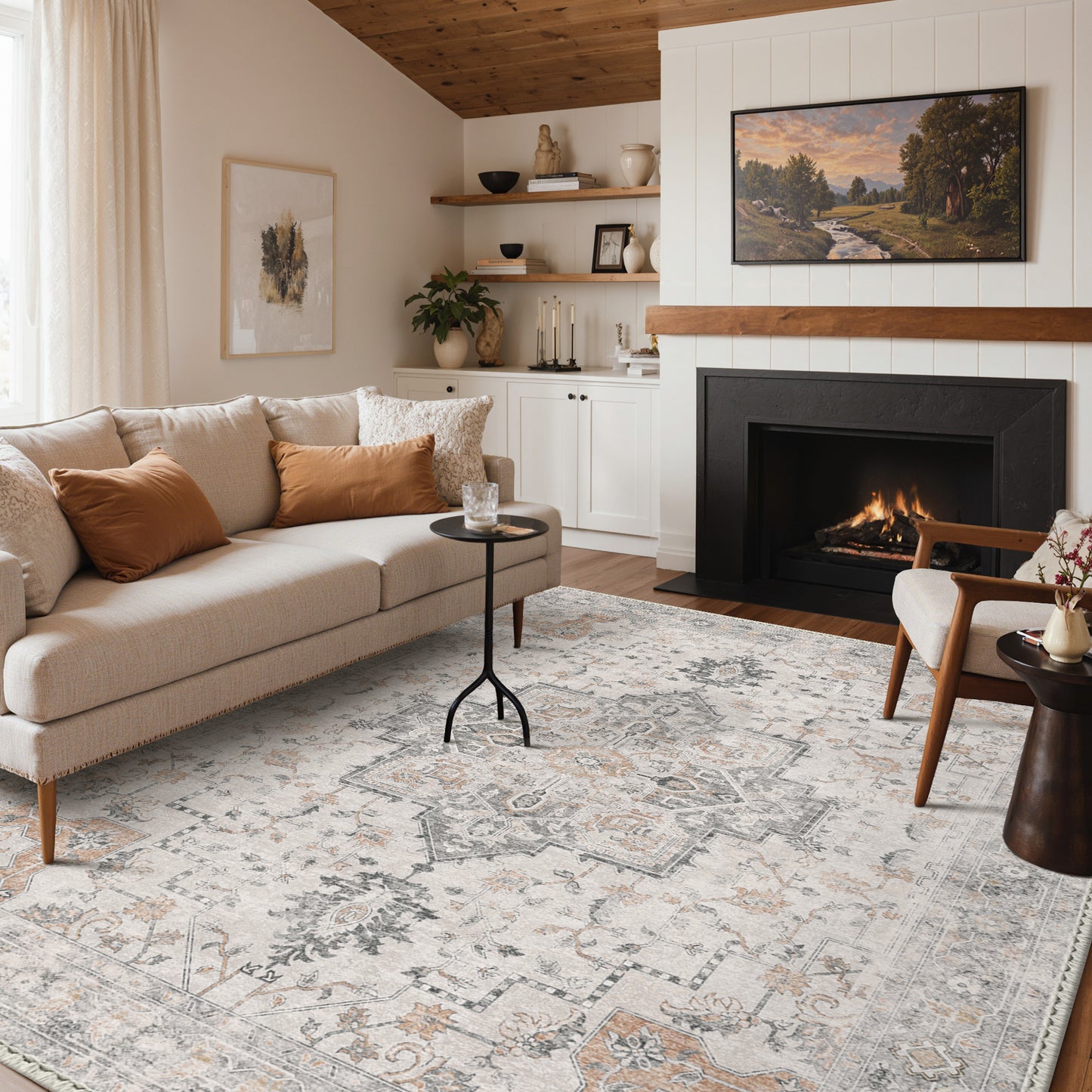 KUETH  Area Rugs for Living Room, Non Slip Machine Washable Retro Rugs, Ultra-thin Print Rug for Bedroom, Dining Room, Home Office.