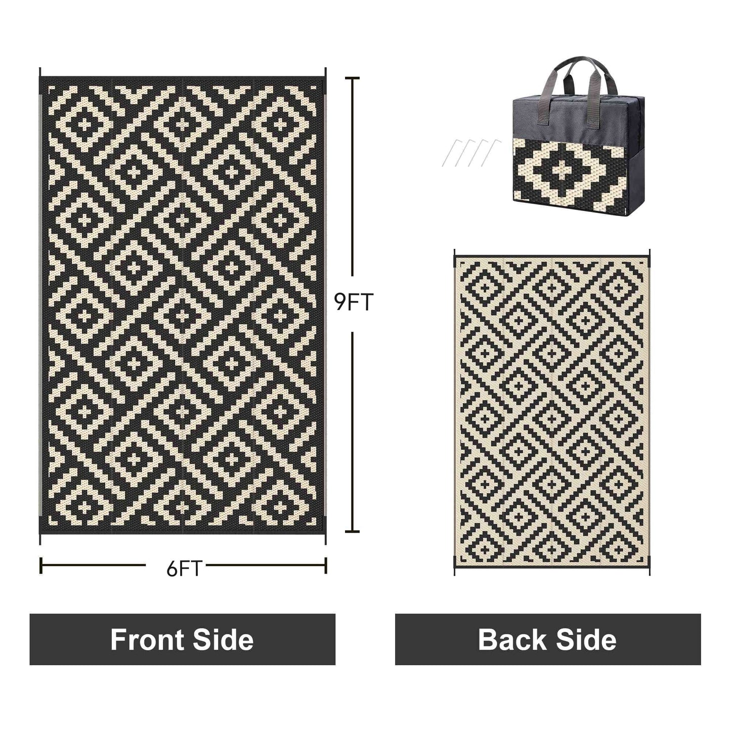 KUETH 6'x 9'Outdoor Waterproof Rug Camping Mat Patio Geometric Carpet,Black & Beige