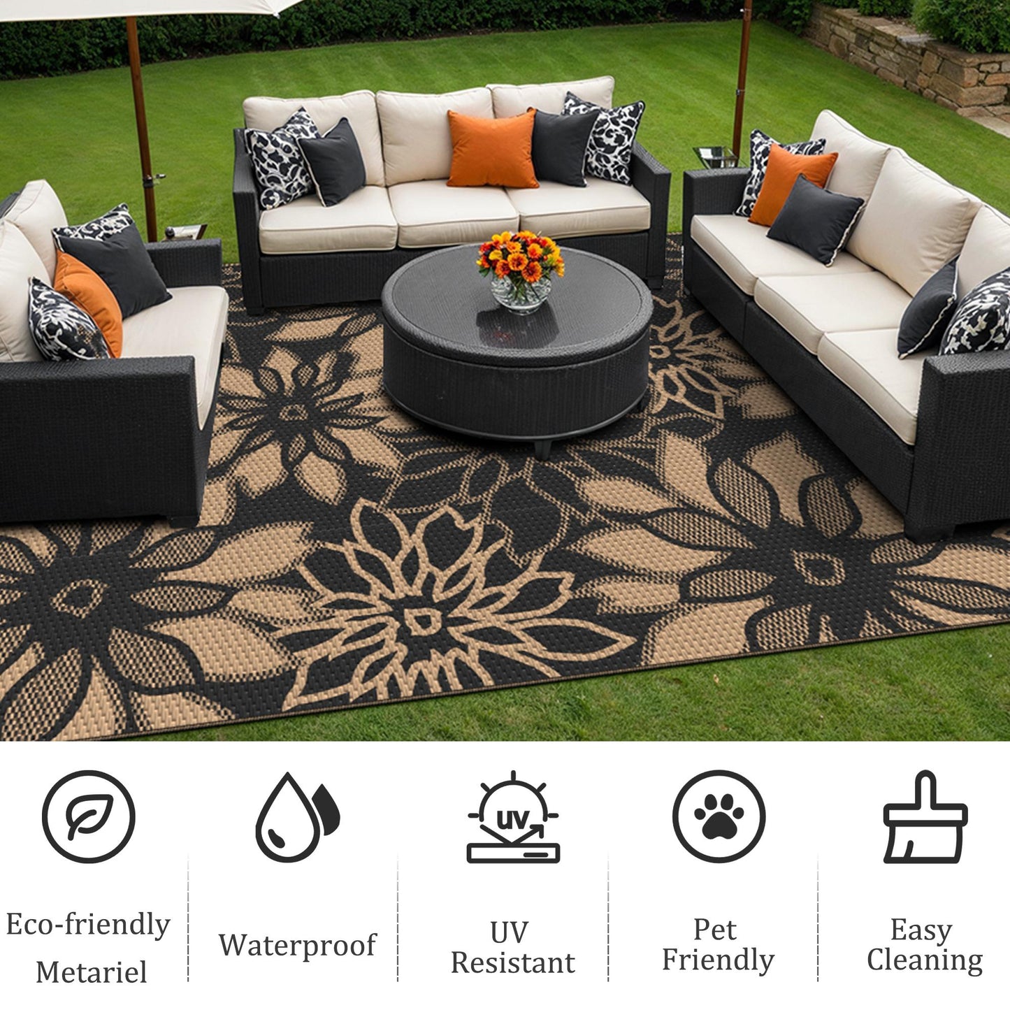 KUETH 5'x8' Outdoor Rug Waterproof Plastic Reversible Patio Camping Outside Carpet,Black Brown