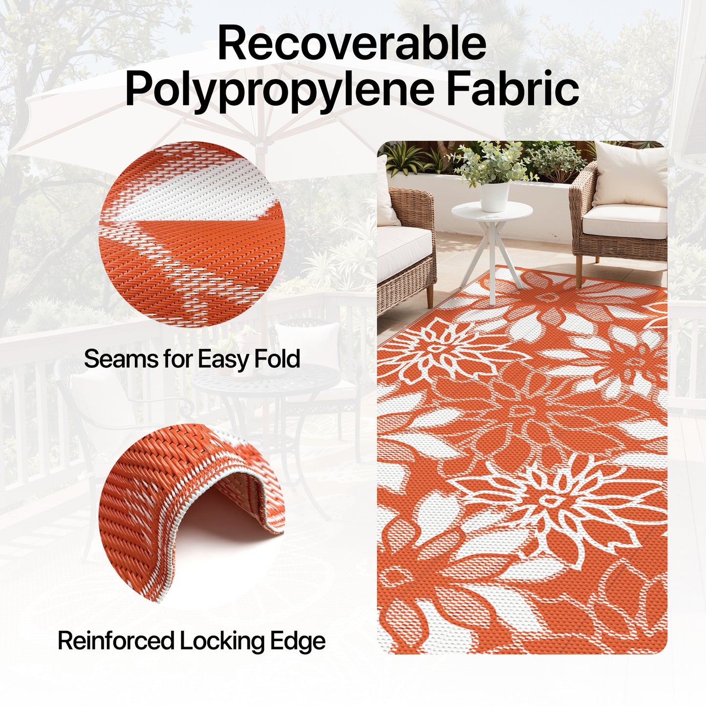 KUETH 6'x9' Outdoor Rug Waterproof Plastic Reversible Floral Patio Camping Outside Carpet,Orange White