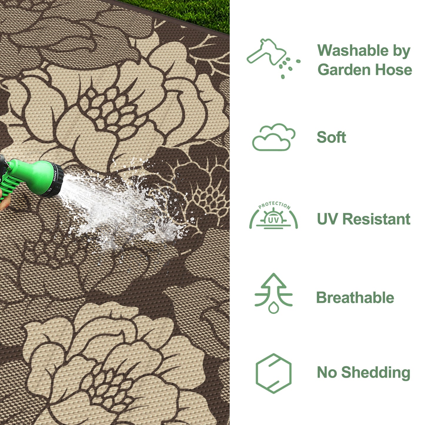 KUETH 9'x 12' Outdoor Rug Plastic Waterproof Outside Foldable Flower Mat UV Resistant Patio RV Deck Carpet,COFFEE BEIGE