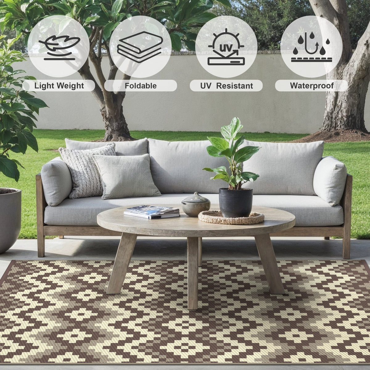 KUETH 5' x 8' Outdoor Rug Waterproof Camping Patio Rug Boho Geometric Reversible Outdoor Plastic Carpet for RV Blcony Picnic Porch,COFFEE&BEIGE