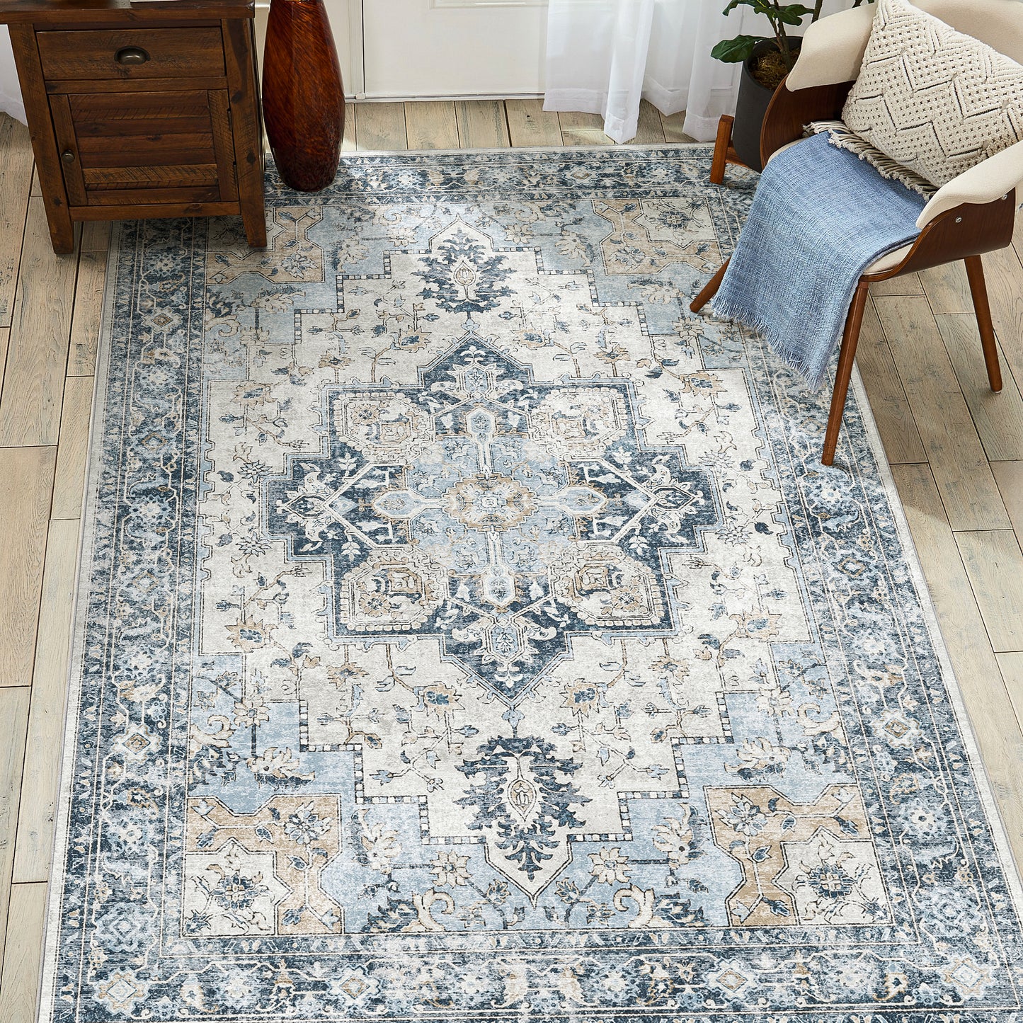 KUETH Modern Area Rugs for Living Room, Non Slip Machine Washable Retro Rugs, Low Pile Chenille Print Rug for Bedroom, Dining Room, Home Office, Blue