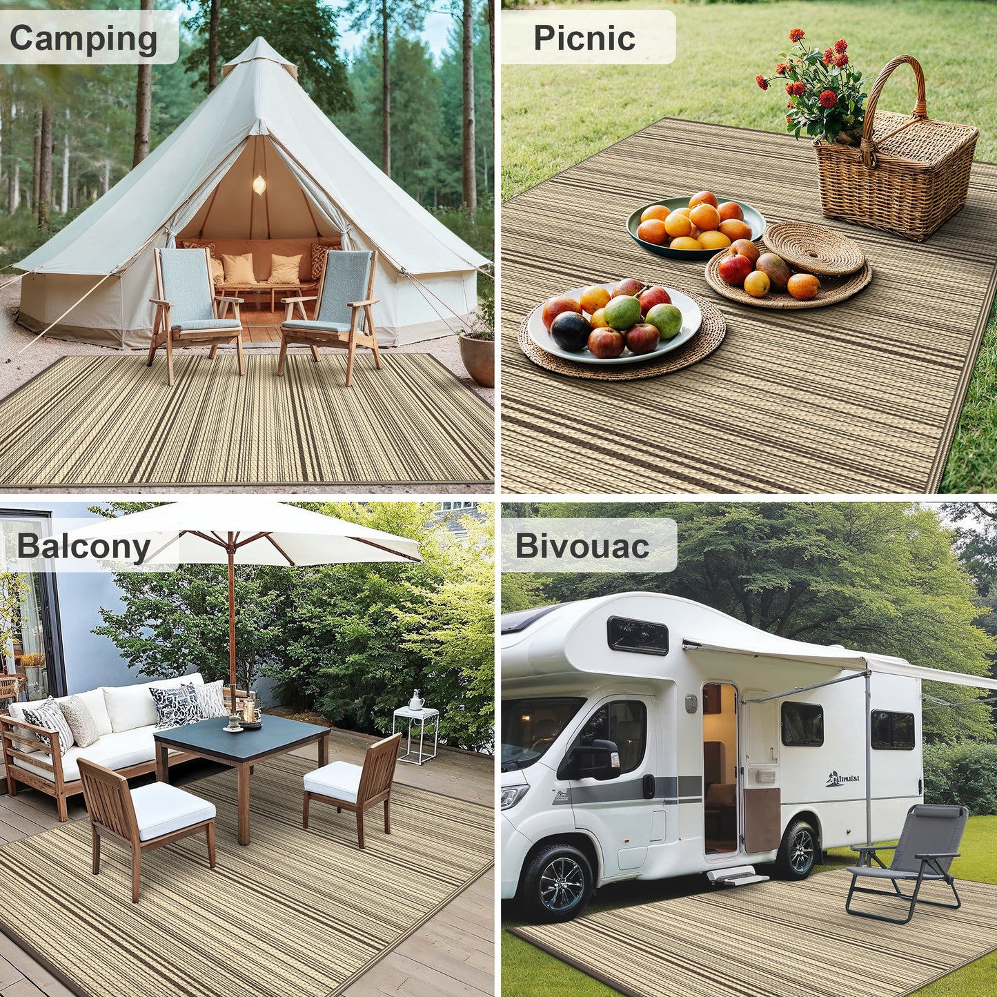 KUETH 6'x 9' Outdoor Waterproof Rug Camping Mat Patio Carpet,COFFEE&BEIGE