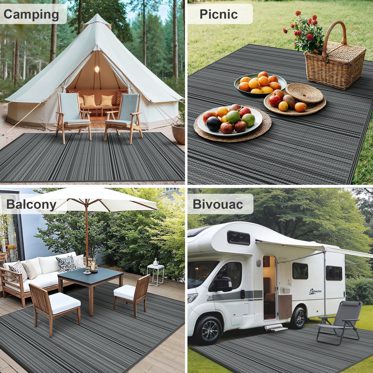 KUETH 5'x 8' Outdoor Waterproof Rug Camping Mat Patio Carpet,Black&Gray