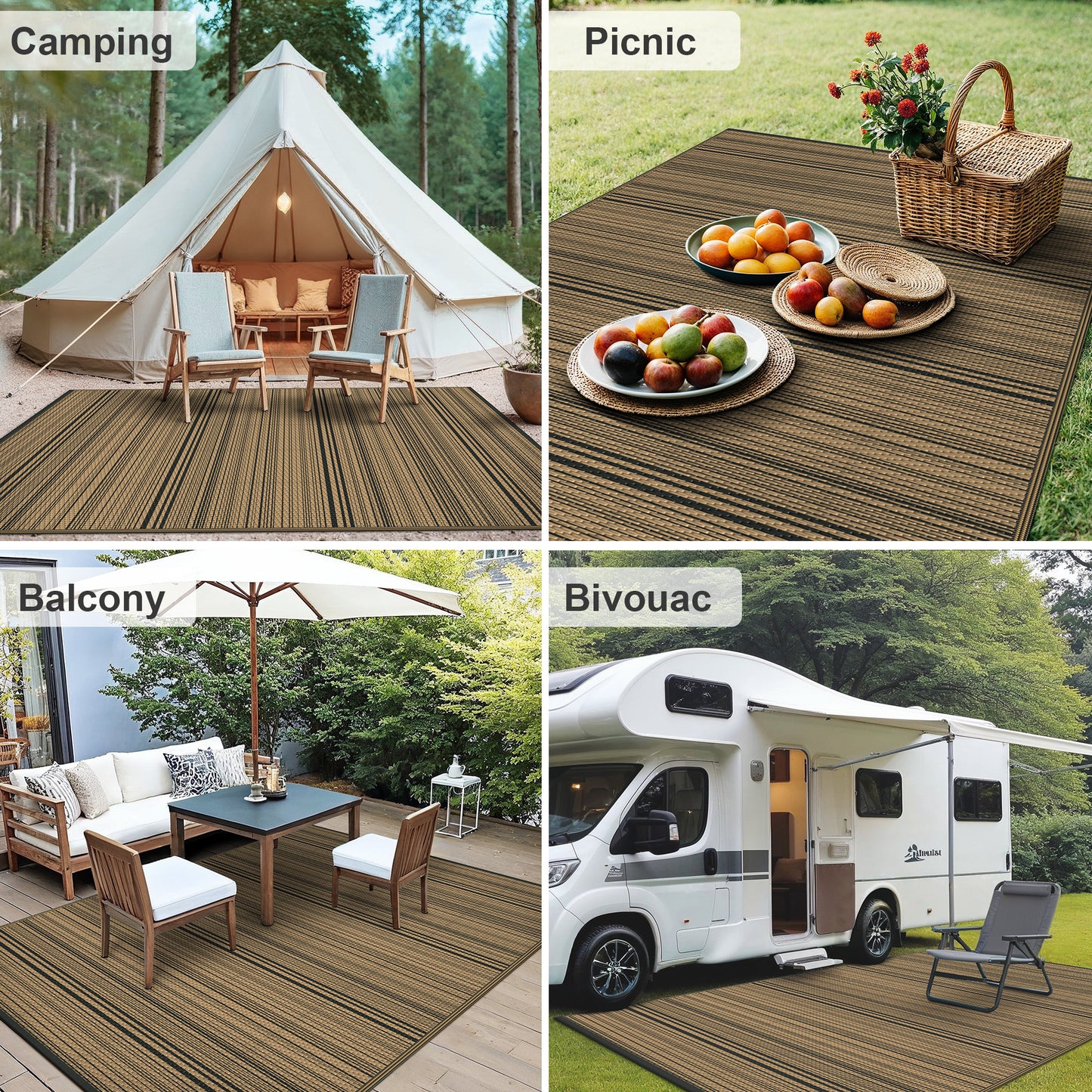 KUETH 8'x 10' Outdoor Waterproof Rug Camping Mat Patio Carpet,Black&Brown