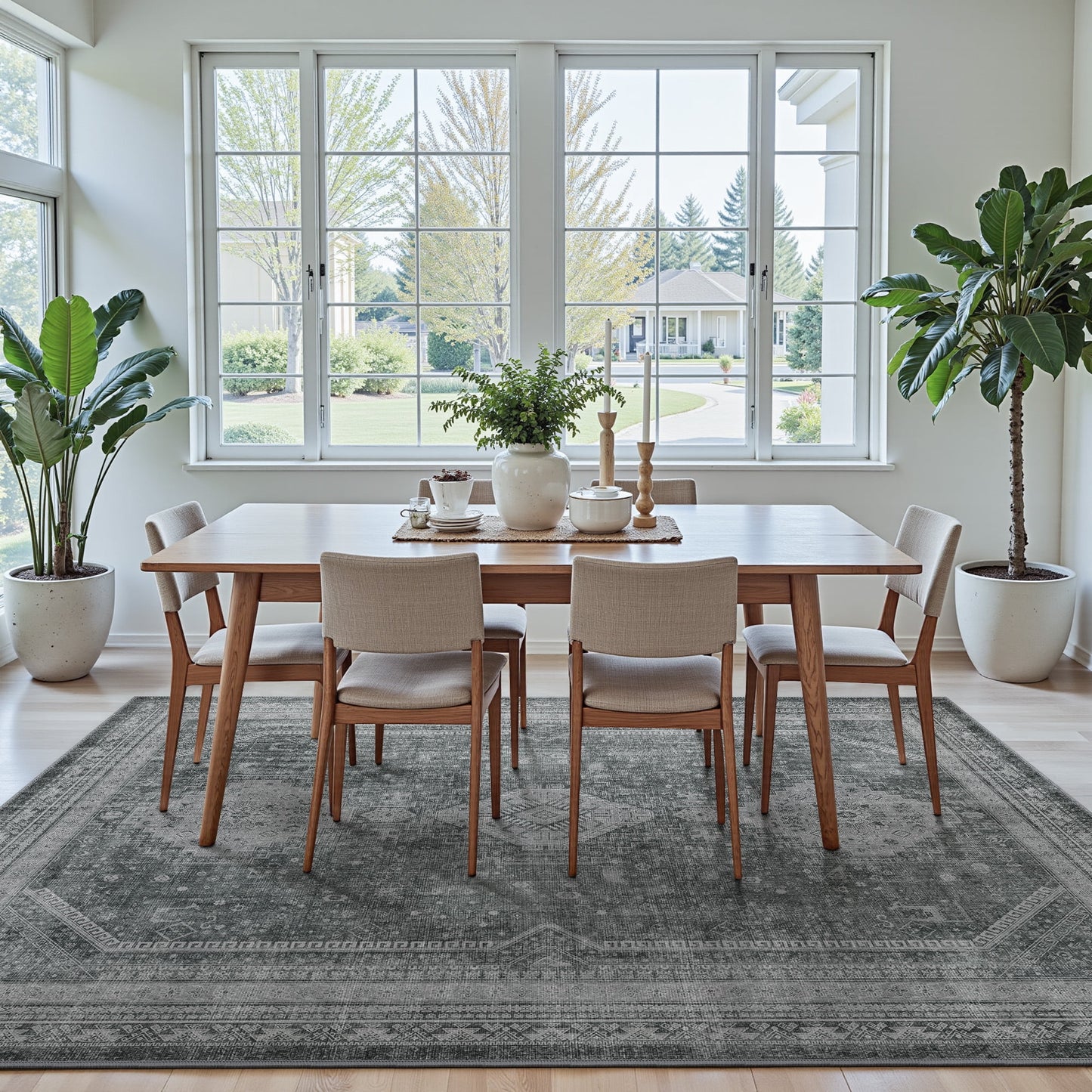 KUETH Area Rug 6'x9', Non Slip Machine Washable Indoor Large Rug, Low Pile Chenille Print Mat for Bedroom Dining Room Home Office Hall Large Area of Place, Gray