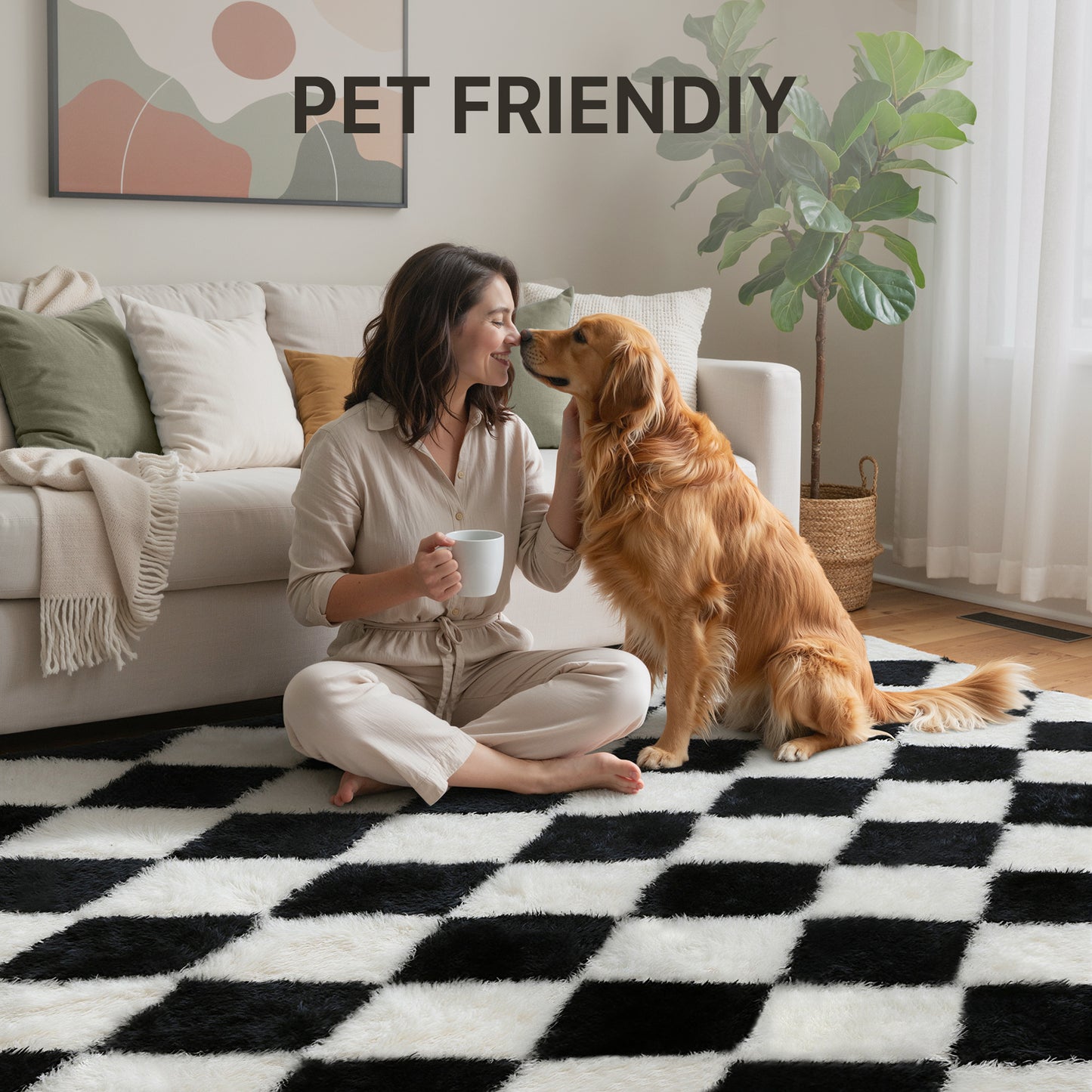 KUETH 8'x10' Fluffy Shag Washable Area Rug for Living Room Modern Geometric