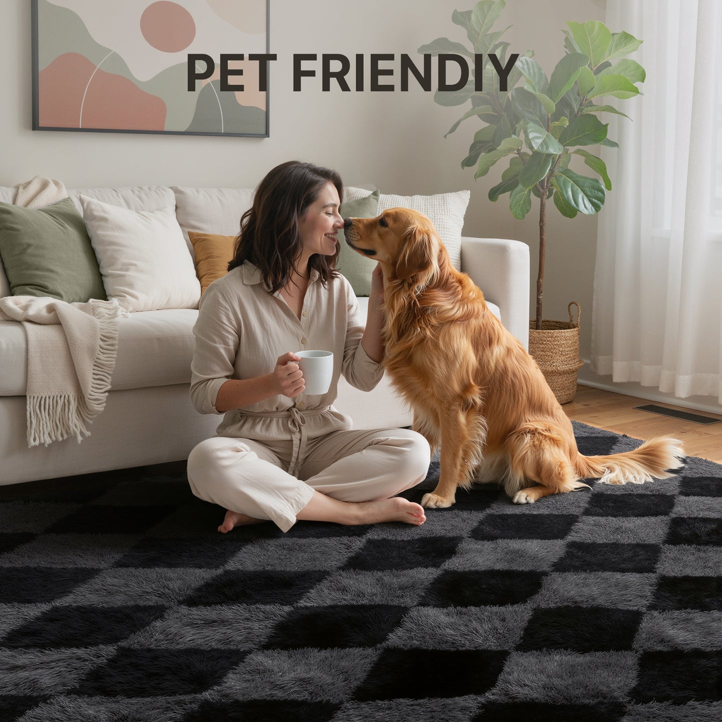 KUETH 8'x10' Fluffy Shag Washable Area Rug for Living Room Modern Geometric