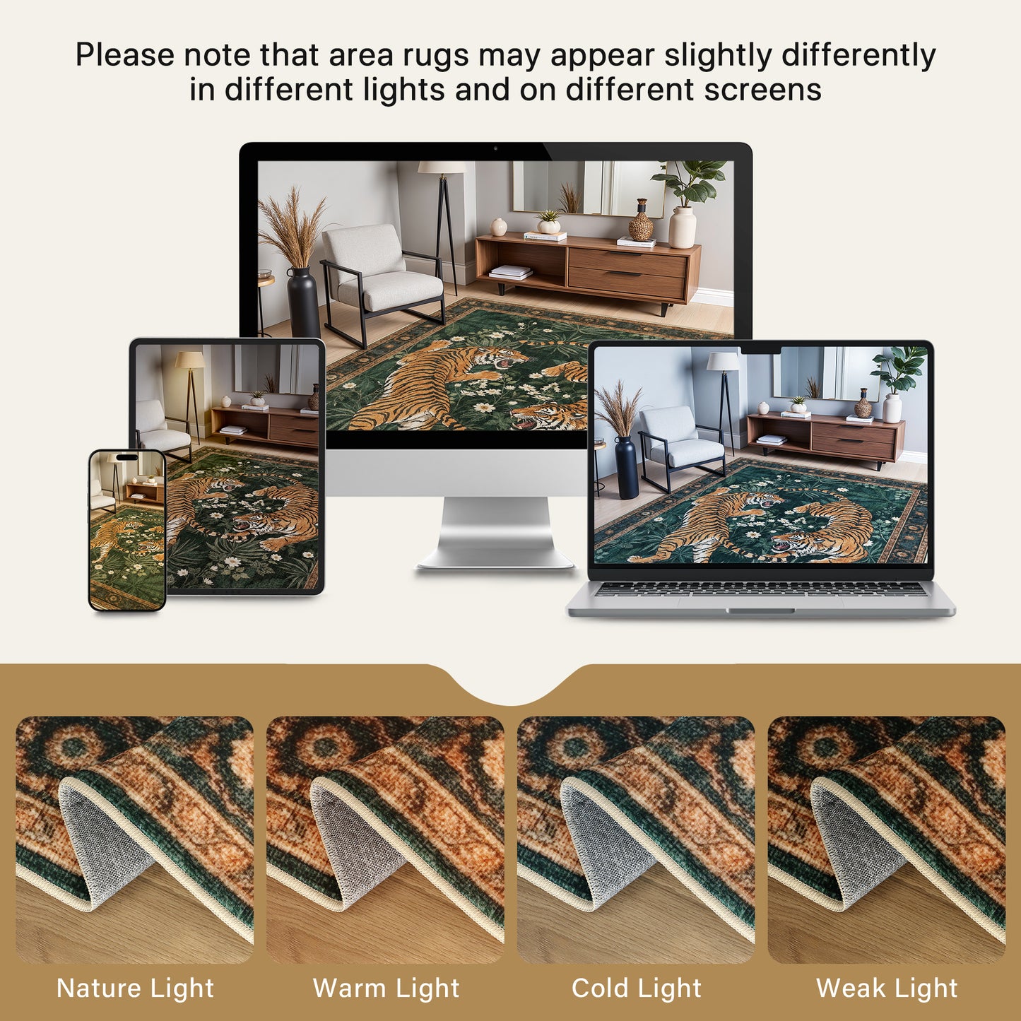 KUETH 5'x7' Tiger Area Rugs for Living Room, Non Slip Machine Washable Vintage Boho Rug, Low Pile Print Rug for Bedroom Dining Room Home Office