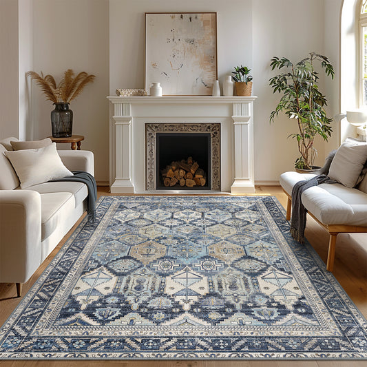 Area Rug for Living Room Machine Washable Rugs with Non-slips Brown Blue