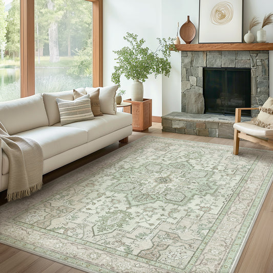 Roehit Oriental Green Area Rug Washable Non-Slip Rug Indoor Rugs