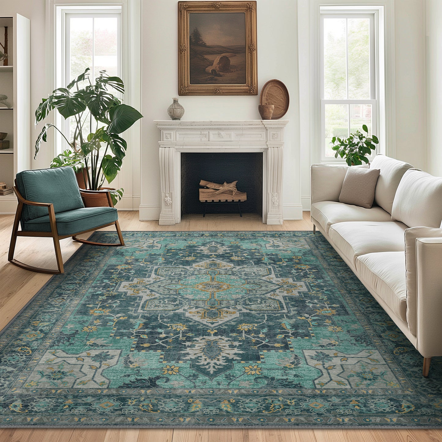 Roehit Oriental Teal Machine Washable Non-slip Rugs