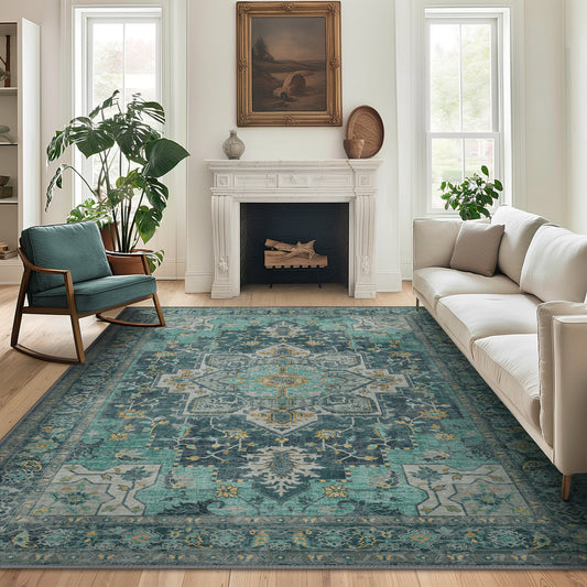 Roehit Oriental Teal Machine Washable Non-slip Rugs