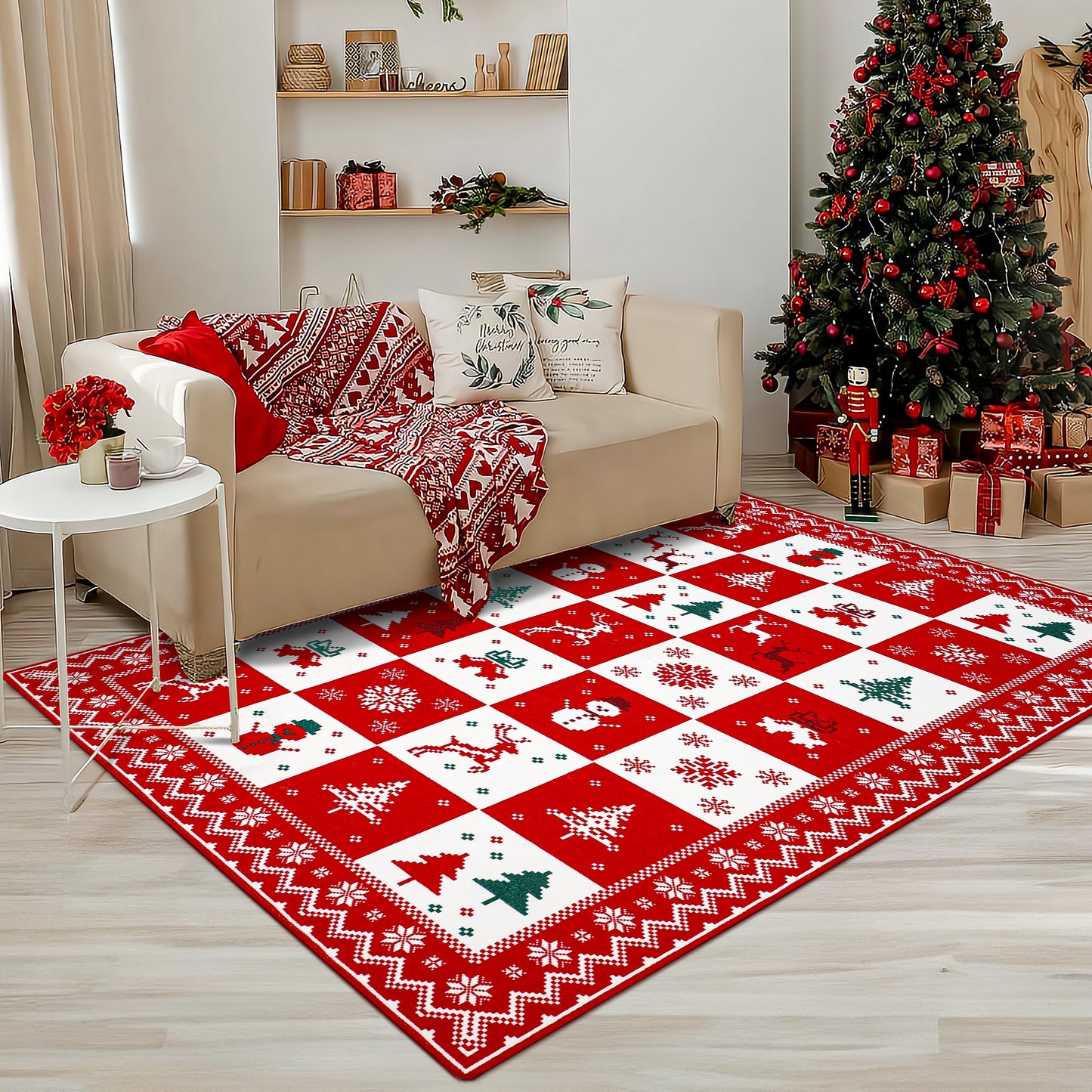 MCOW Area Rugs for Living Room Christmas Rug, Large Machine Washable Bedroom Holiday Decor Print Plaid Floor Cover Accent Dining Room Rug Aesthetic, Non Slip Low Pile Carpet with Gripper