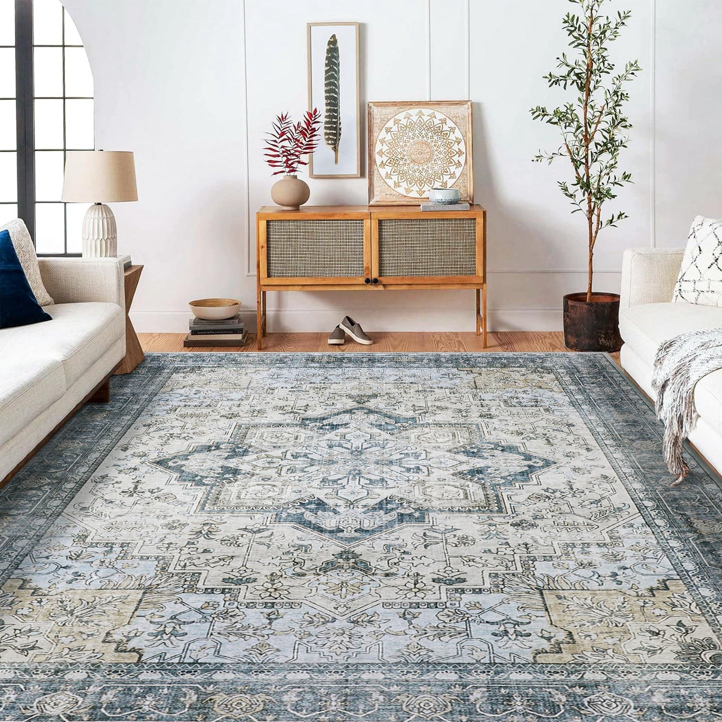 Masiis Area Rugs Machine Washable Vintage Distressed Print Blue Floral Medallion Accent Bedroom Living Room Throw Rug, Low Pile Ultra-Thin Lightweight Non Slip with Gripper