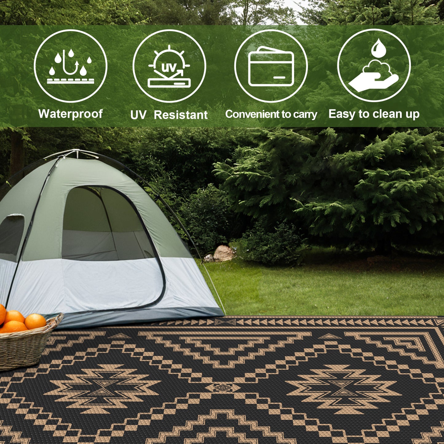 KUETH 5' x 8' Outdoor Rug Waterproof for Patio Carpet Plastic Reversible Straw Outdoor Rug for Camping Picnic Geometric Mat ,Black & Brown