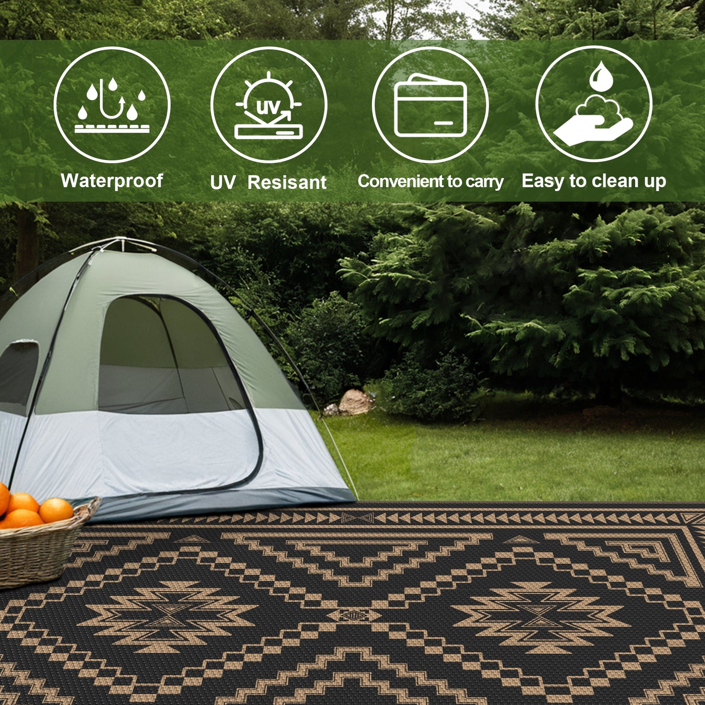 KUETH 5' x 8' Outdoor Rug Waterproof for Patio Carpet Plastic Reversible Straw Outdoor Rug for Camping Picnic Geometric Mat ,Black & Brown