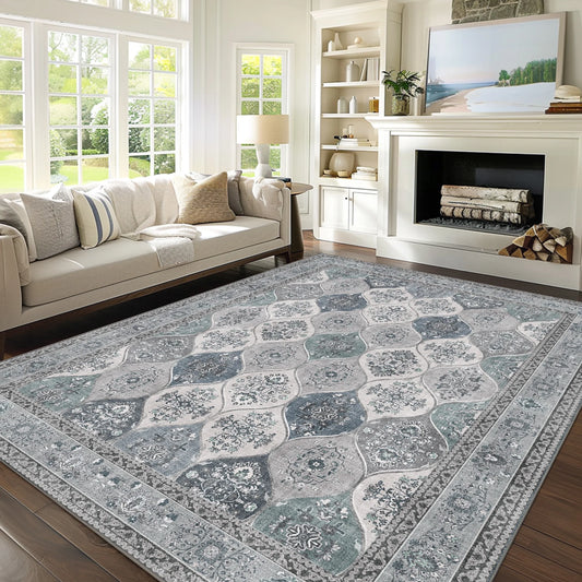 KUETH 8x10 Area Rugs for Living Room Bedroom, Machine Washable Stain Resistant Non-Shed Carpet, Print Vintage Floral Floor Cover, Low Pile Mat with Non Slip Backing, Slate/Gray