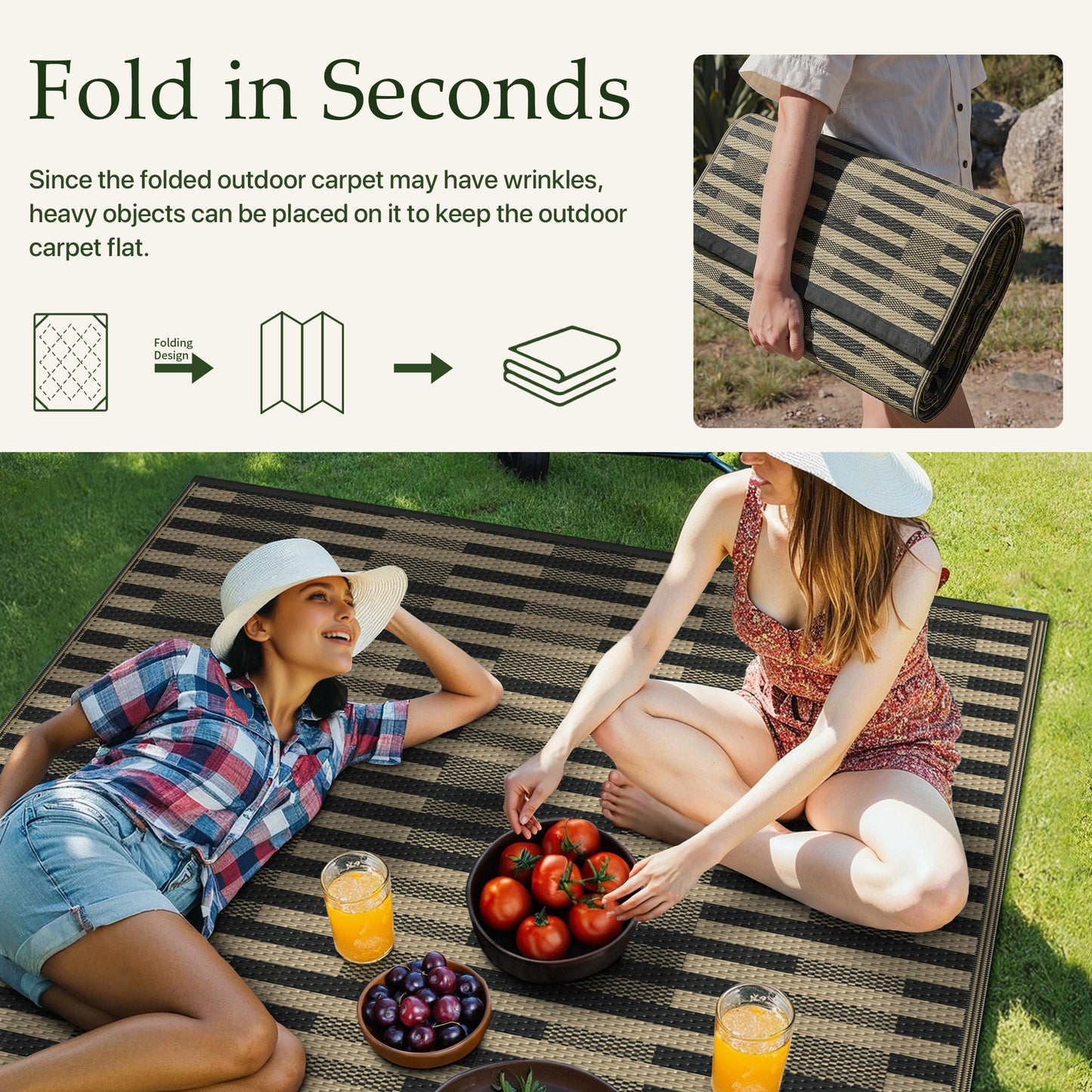 KUETH 6'x 9' Black and Beige Outdoor Plastic Rug Foldable Waterproof UV Resistant Reversible Outdoor Patio Geometric RV Deck Camping Rug