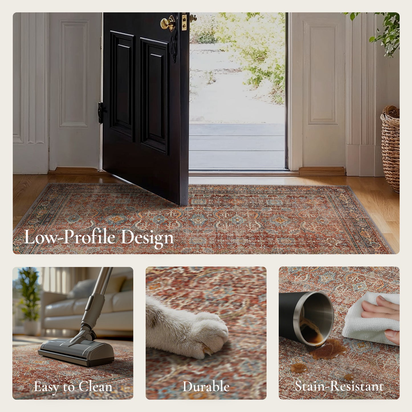 KUETH 5'x7' Area Rugs for Living Room, Non Slip Machine Washable Vintage Indoor Rug, Low Pile Chenille Print Rug for Bedroom Dining Room Home Office