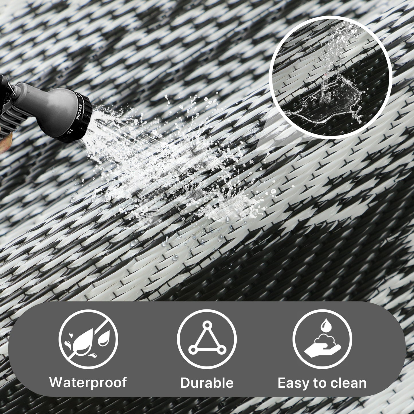 KUETH 6' x 9' Outdoor Waterproof Reversible Rug Camping Mat Abstract Patio Yard Carpet,BLACK&WHITE