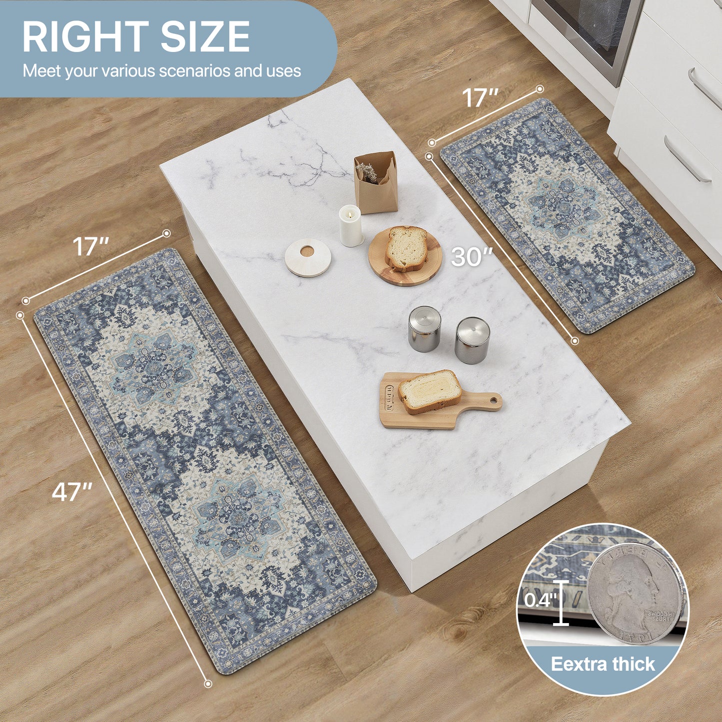 KUETH Kitchen Mats for Floor, Kitchen Rug with Anti Fatigue, Non Slip Washable Kitchen Rug, Set of 2 Kitchen Mat 17"x47"+17"x30", Runner Rug with Waterproof for Bathroon and Bedroom