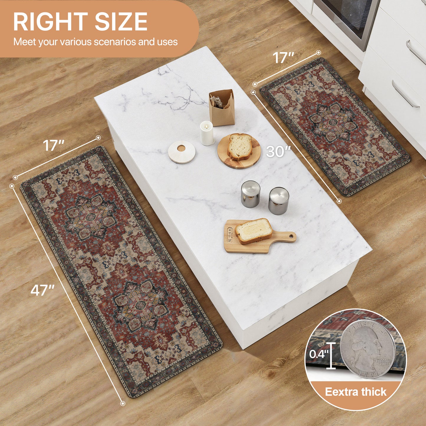 KUETH Kitchen Mats for Floor, Kitchen Rug with Anti Fatigue, Non Slip Washable Kitchen Rug, Set of 2 Kitchen Mat 17"x59"+17"x30", Runner Rug with Waterproof for Bathroon and Bedroom