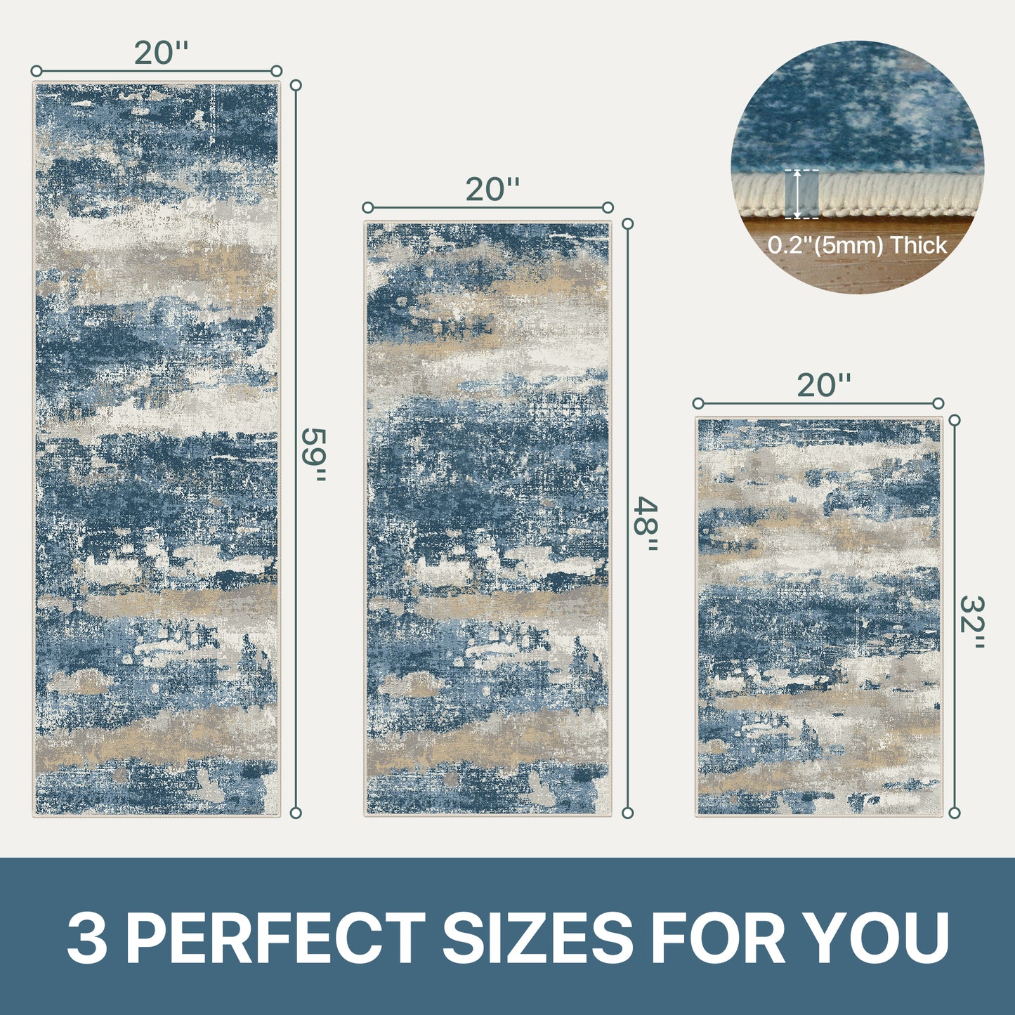 KUETH Kitchen Mats for Floor,Sets of 3 Non Slip Washable Abstract Kitchen Rugs 20"x32"+20"x48"+20"x59", Kitchen Runner Rug with Waterproof for Hallway, Laundry, Bathroon and Bedroom