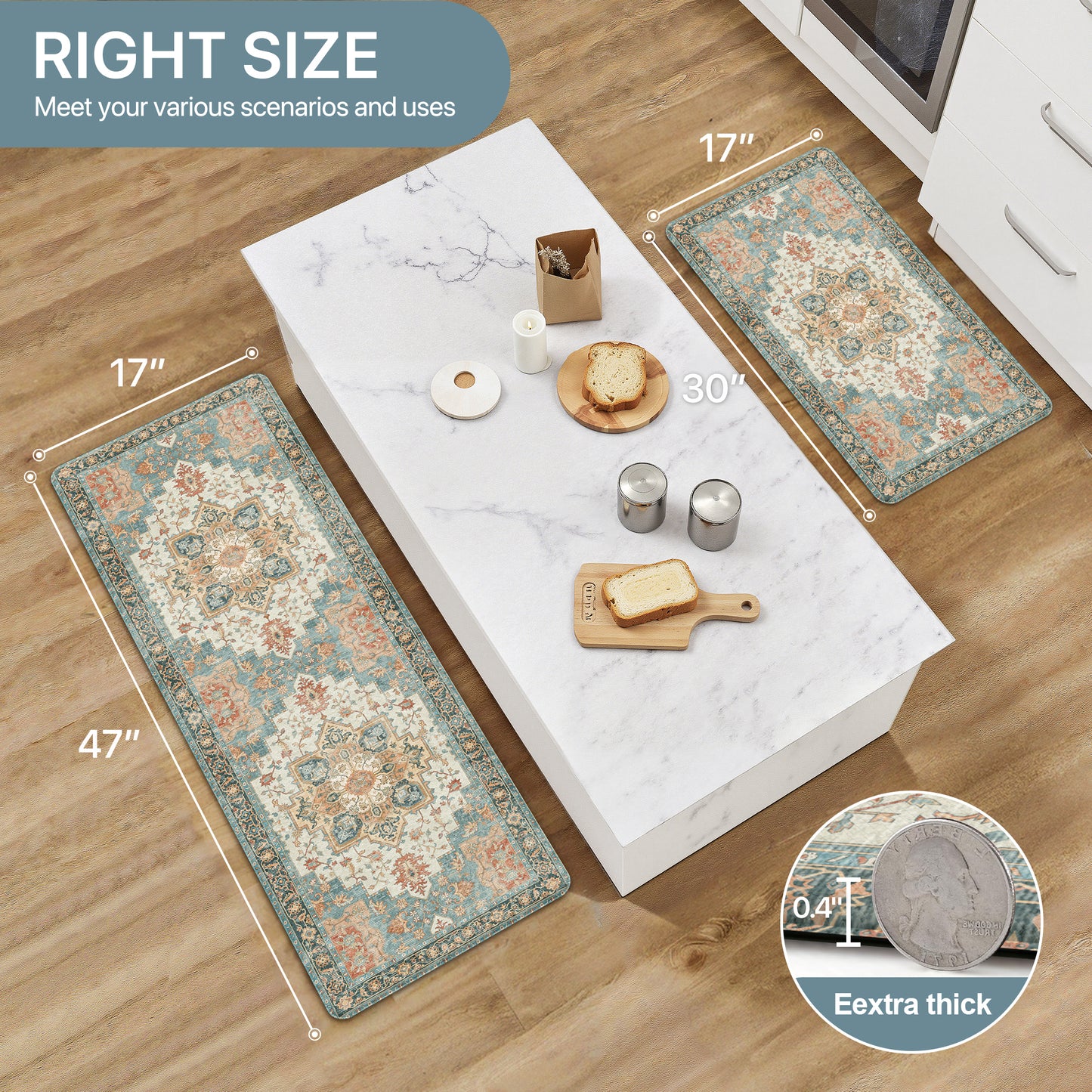 KUETH Kitchen Mats for Floor, Kitchen Rug with Anti Fatigue, Non Slip Washable Kitchen Rug, Set of 2 Kitchen Mat 17"x47"+17"x30", Runner Rug with Waterproof for Bathroon and Bedroom