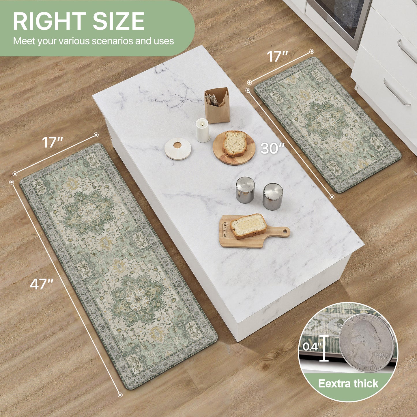 KUETH Kitchen Mats for Floor, Kitchen Rug with Anti Fatigue, Non Slip Washable Kitchen Rug, Set of 2 Kitchen Mat 17"x47"+17"x30", Runner Rug with Waterproof for Bathroon and Bedroom