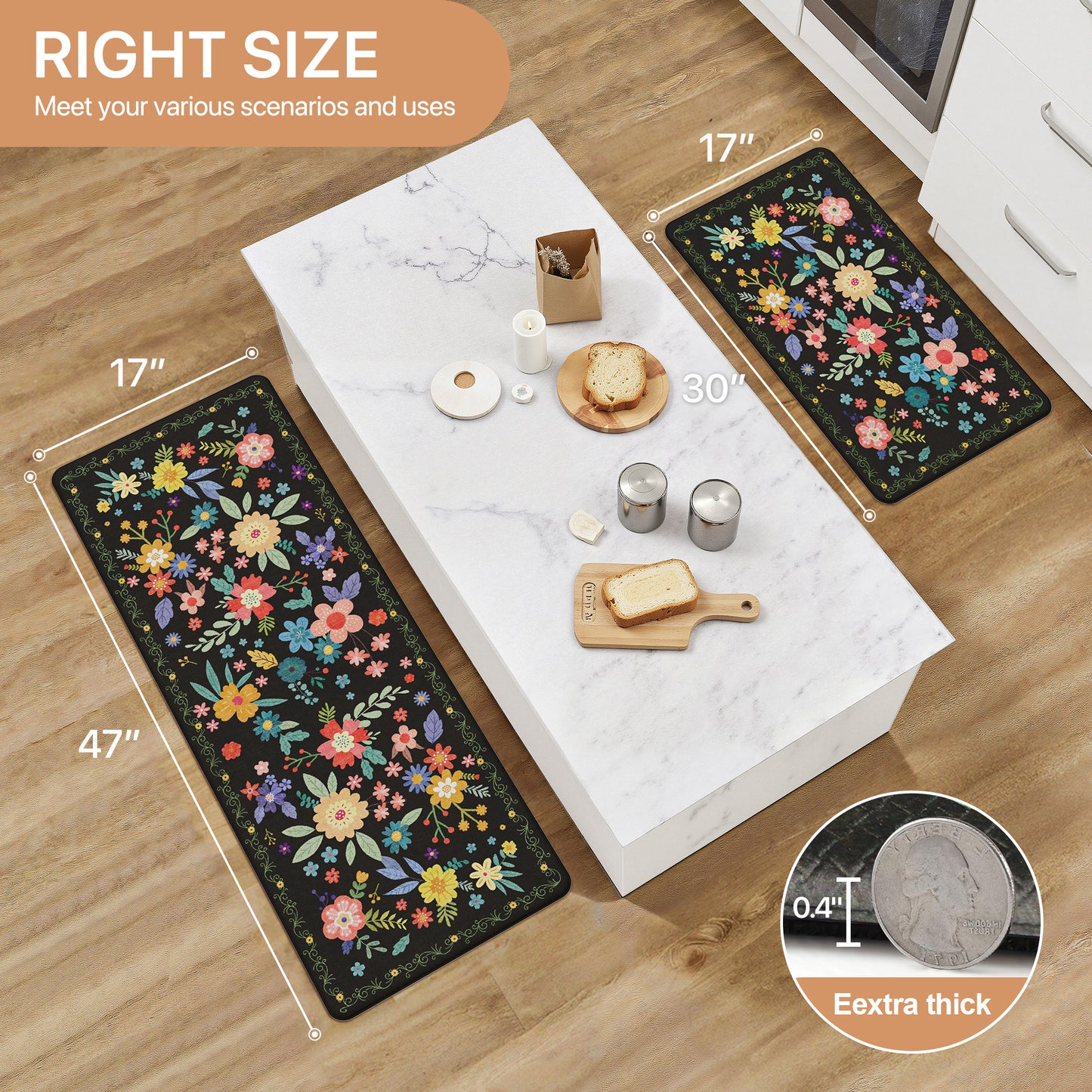 KUETH Kitchen Mats for Floor, Kitchen Rug with Anti Fatigue, Non Slip Washable Kitchen Rug, Set of 2 Kitchen Mat 17"x47"+17"x30", Runner Rug with Waterproof for Bathroon and Bedroom