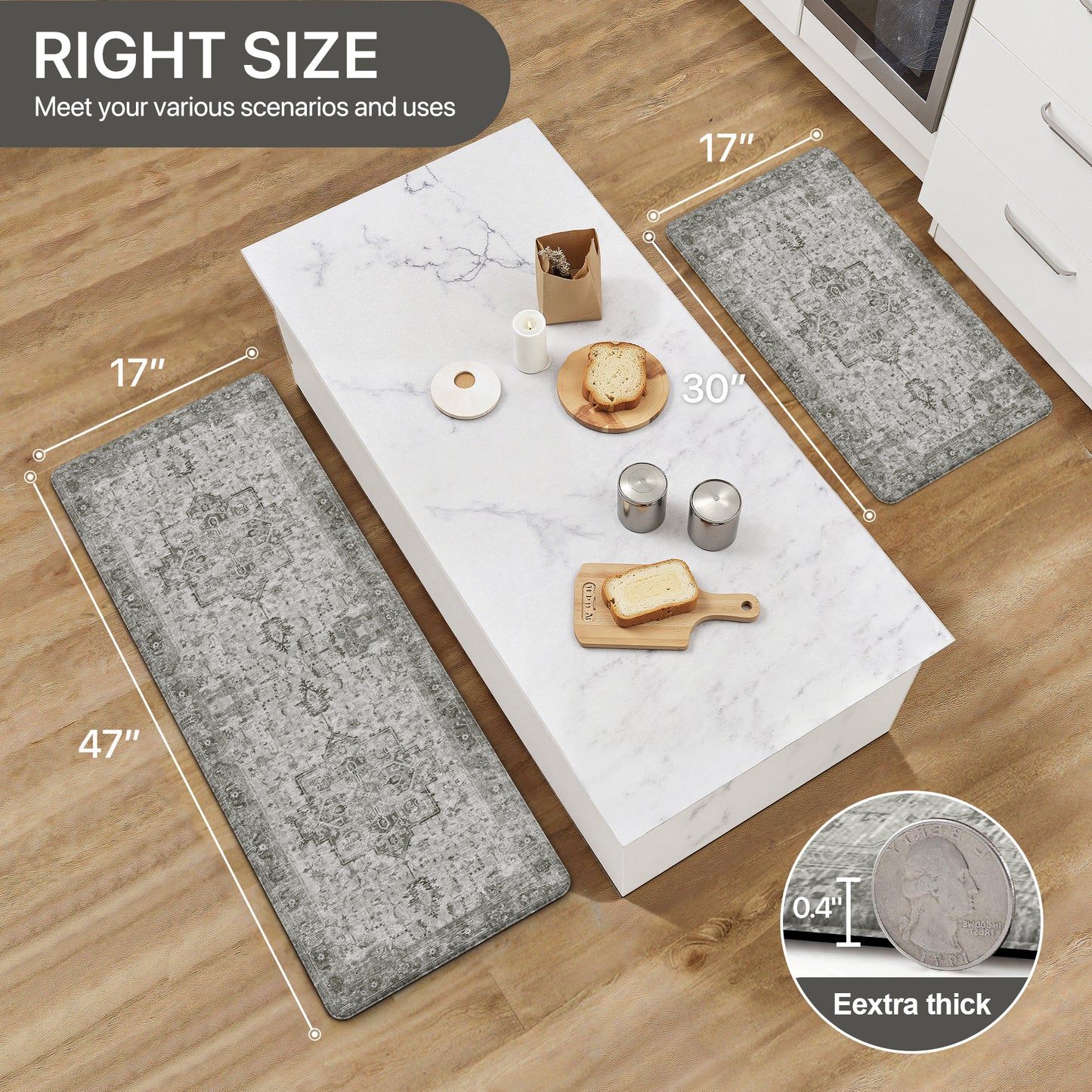 KUETH Kitchen Mats for Floor, Kitchen Rug with Anti Fatigue, Non Slip Washable Kitchen Rug, Set of 2 Kitchen Mat 17"x47"+17"x30", Runner Rug with Waterproof for Bathroon and Bedroom
