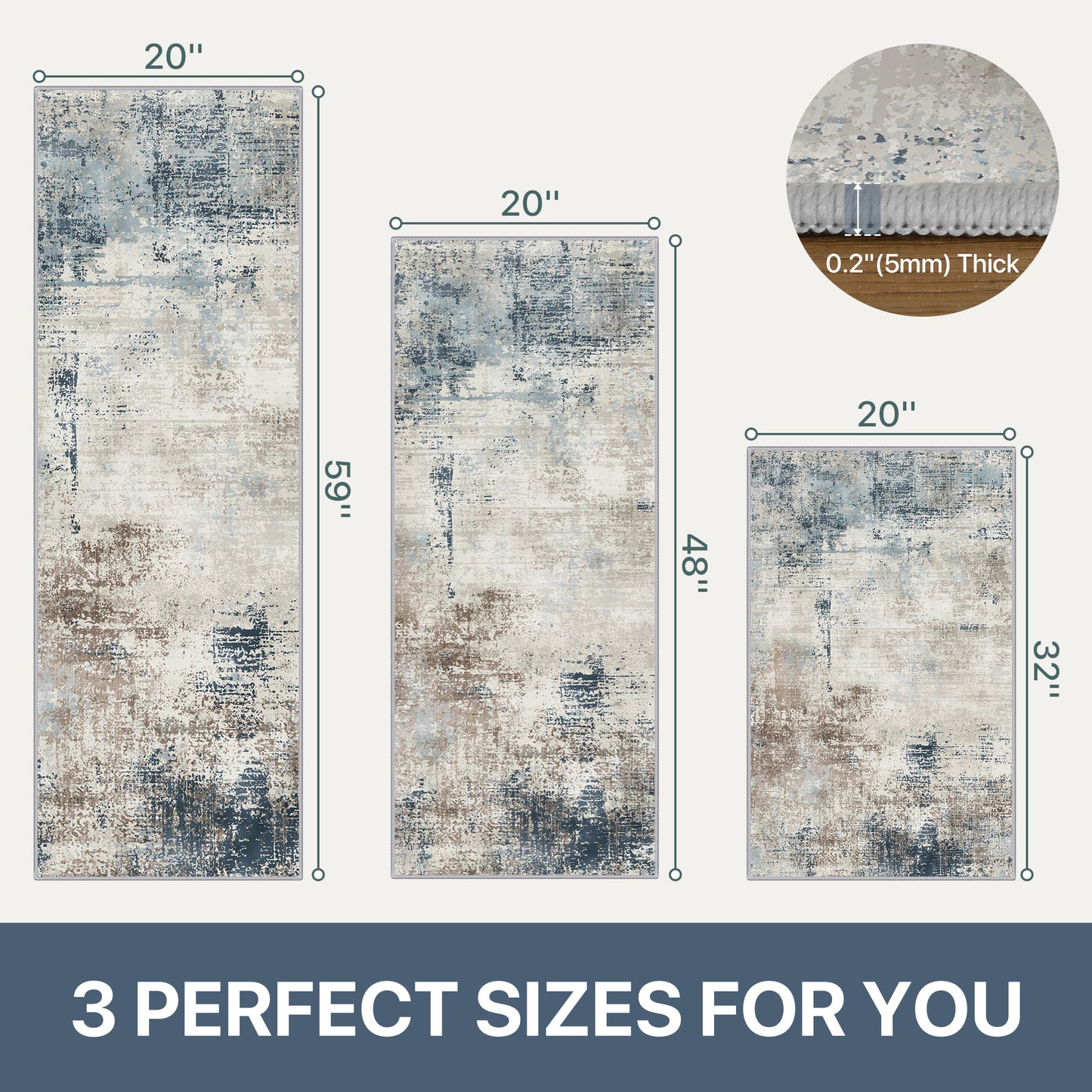 KUETH Kitchen Mats for Floor,Sets of 3 Non Slip Washable Abstract Kitchen Rugs 20"x32"+20"x48"+20"x59", Kitchen Runner Rug with Waterproof for Hallway, Laundry, Bathroon and Bedroom