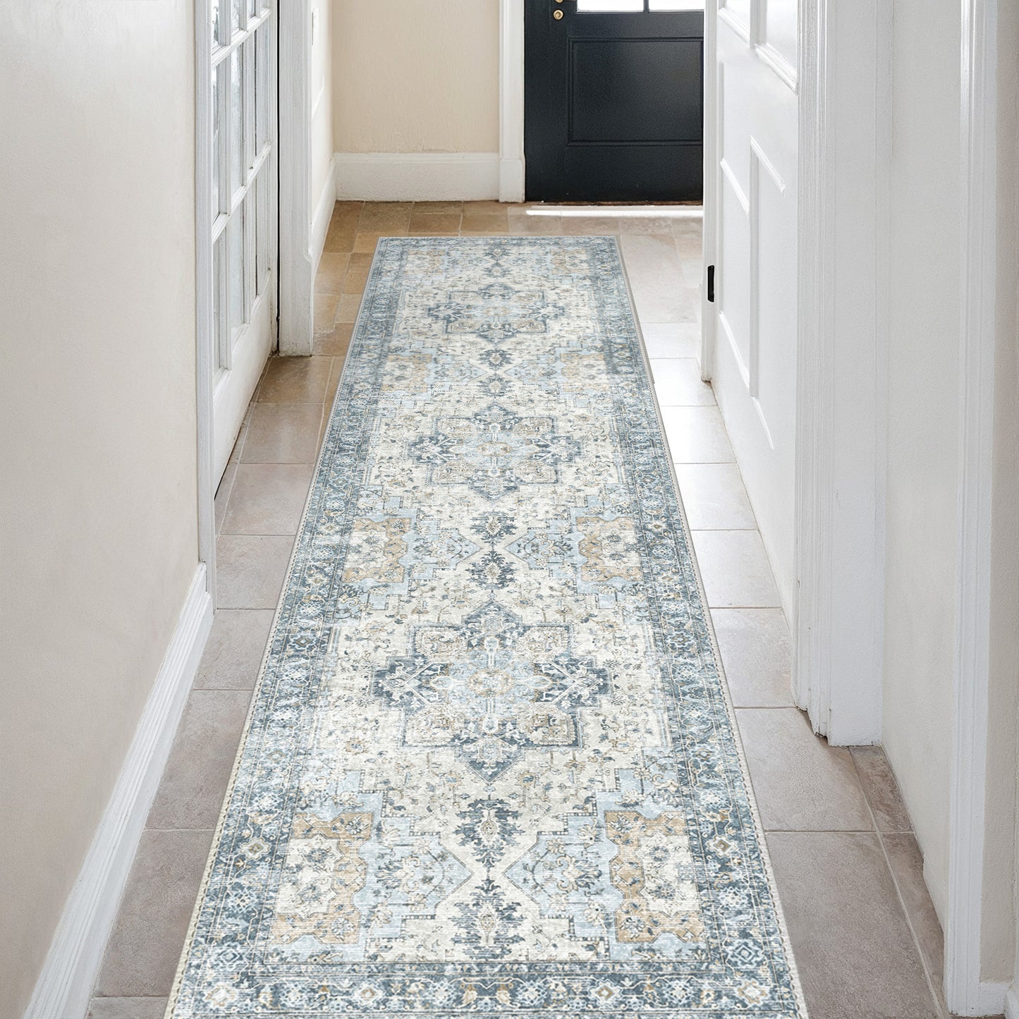 KUETH Modern 8x10 Area Rugs for Living Room, Non Slip Machine Washable Retro Rugs, Low Pile Chenille Print Rug for Bedroom, Dining Room, Home Office, Blue