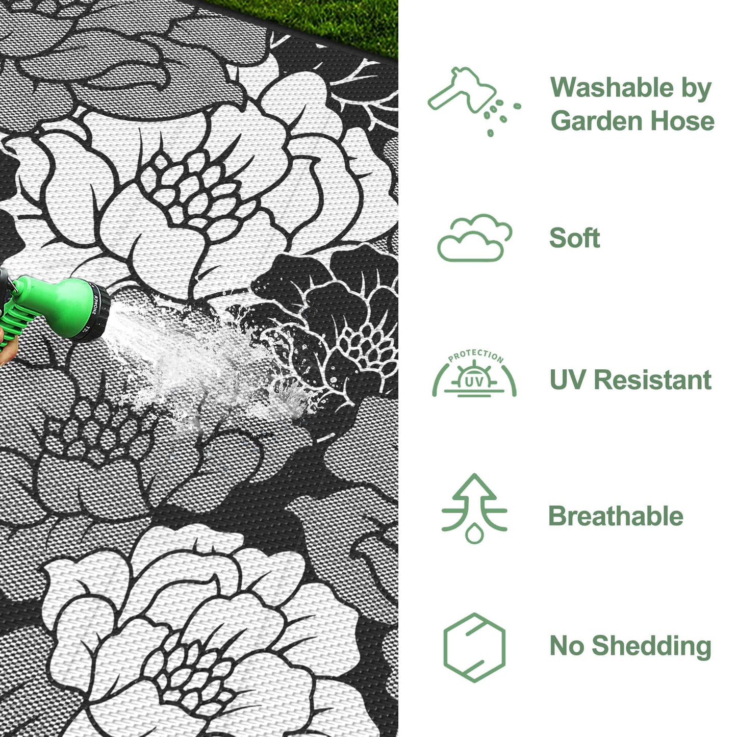 KUETH 6'x 9' Outdoor Rug Plastic Waterproof Outside Foldable Flower Mat UV Resistant Patio RV Deck Carpet,Black White
