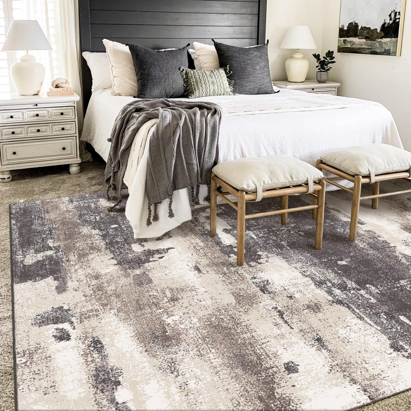 MCOW Area Rugs for Bedroom Abstract Machine Washable Vintage Rugs Distressed Modern Print Throw Rug for Living Room Aesthetic, Non Slip Carpet with Gripper