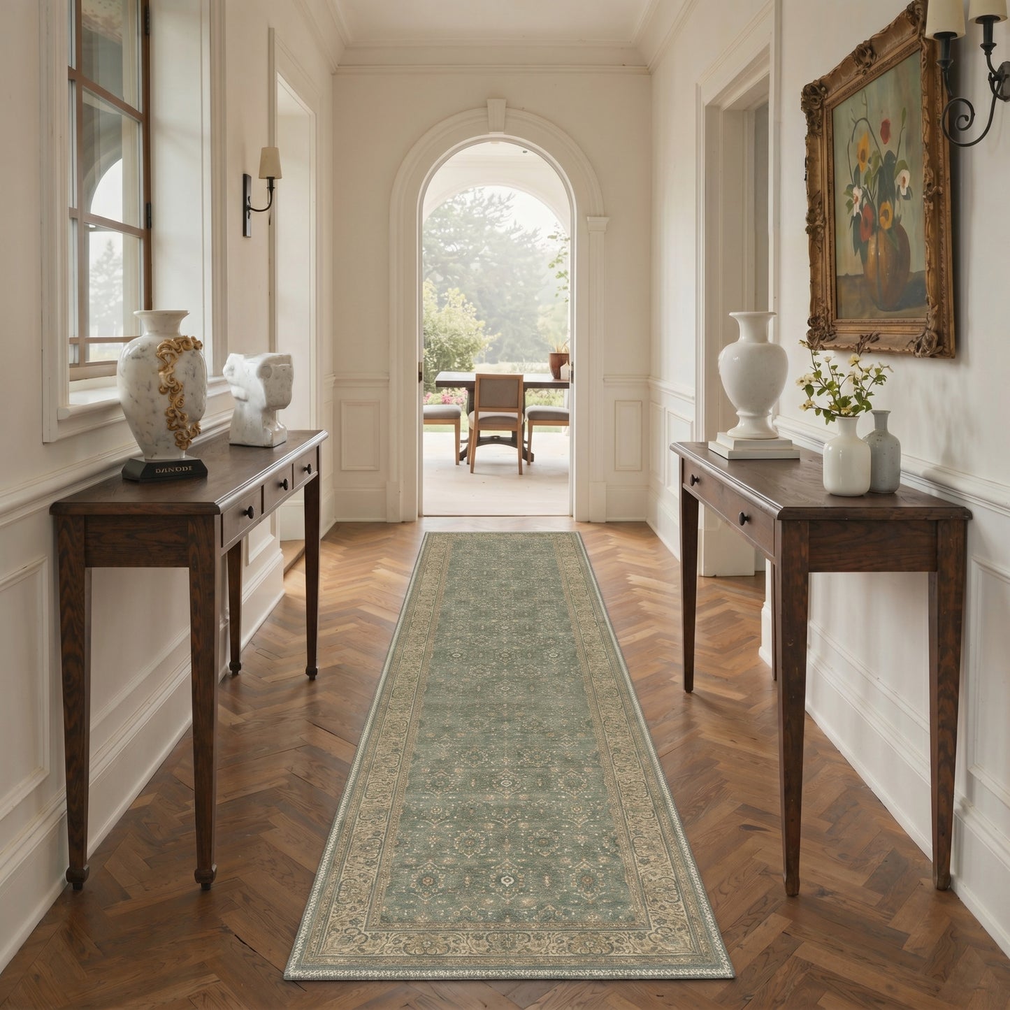 KUETH 8X10 Machine Washable Area Rug, Low Pile Non-Slip Backing Carpet for Living Room and Bedroom, Pet-Friendly Vintage Floral Medallion Rug, Green