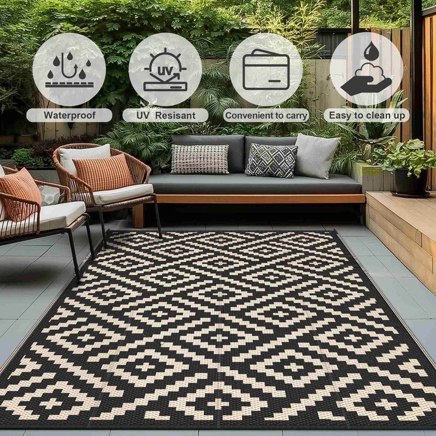 KUETH 6'x 9'Outdoor Waterproof Rug Camping Mat Patio Geometric Carpet,Black & Beige