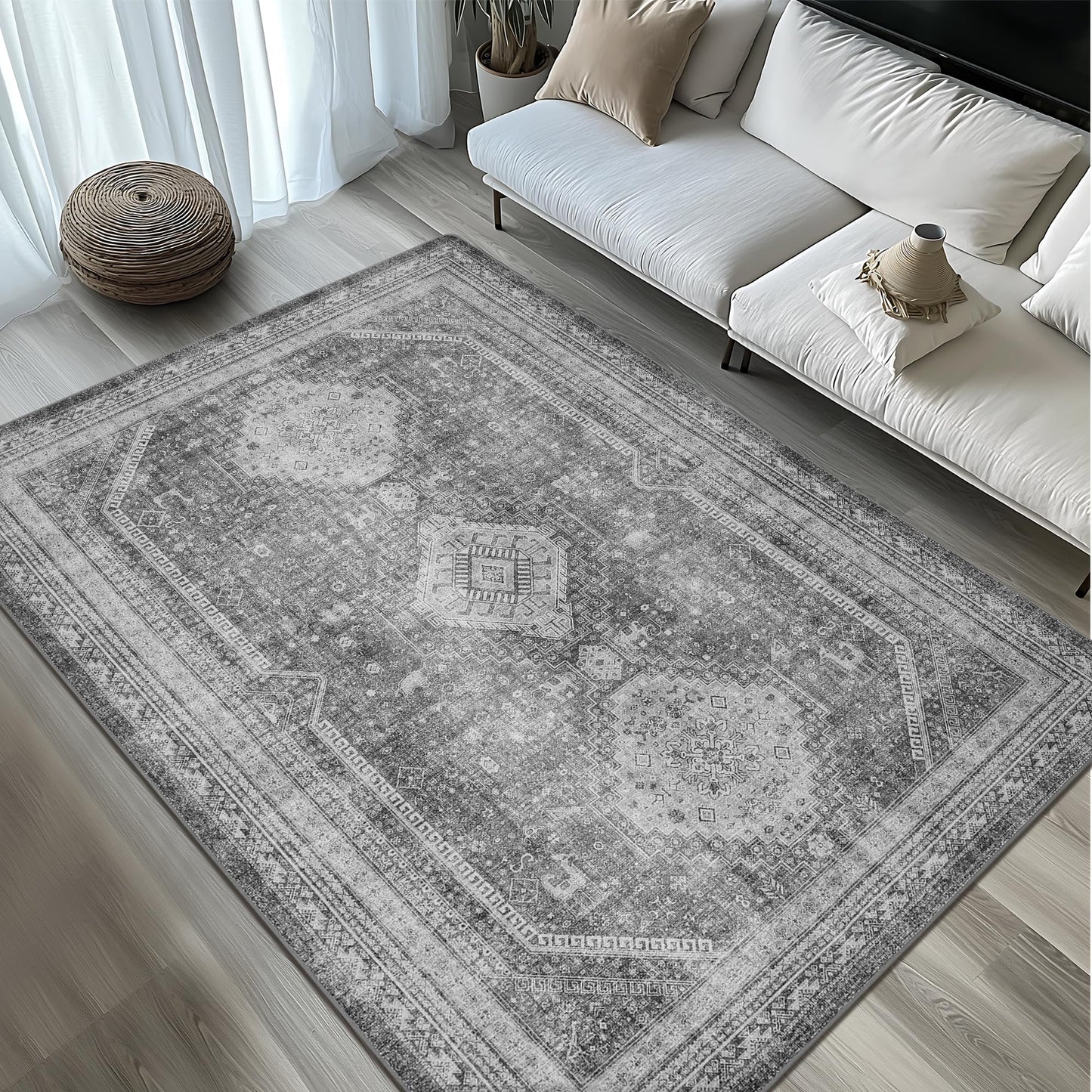 KUETH 8'x10' Area Rug Living Room Clearance, Non Slip Indoor Vogue Area Rugs, Low Pile Chenille Large Print Mat for Bedroom Dining Room Home Office and Hall, Gray