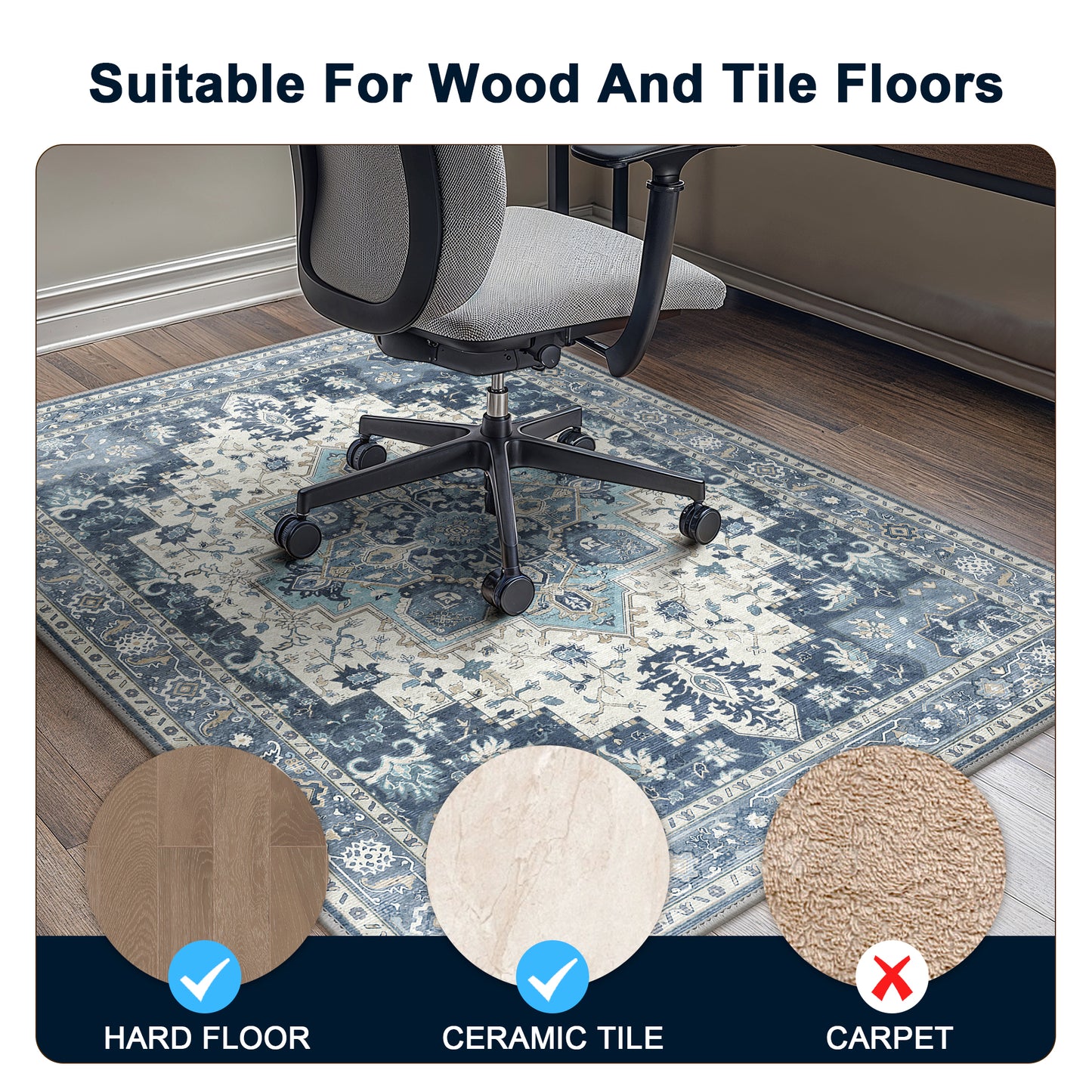 KUETH Protective Flooring Office Chair Mat for Hardwood Floor and Tile Floor, Heavy Duty Desk Chair Mat for Carpets, Anti Slip Office Floor Mats for Rolling Chairs, Low Pile Under Desk Rug