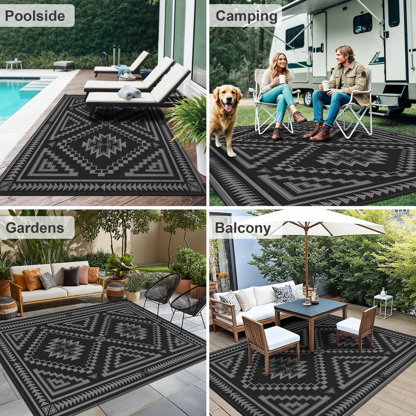 KUETH 5' x 8' Outdoor Waterproof Rug Camping Mat Patio Carpet,Black & Gray