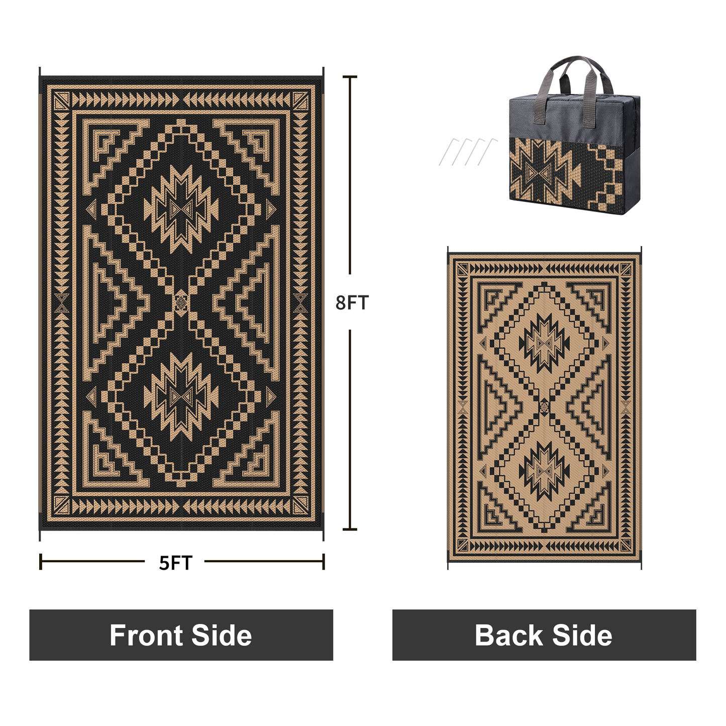 KUETH 5' x 8' Outdoor Rug Waterproof for Patio Carpet Plastic Reversible Straw Outdoor Rug for Camping Picnic Geometric Mat ,Black & Brown