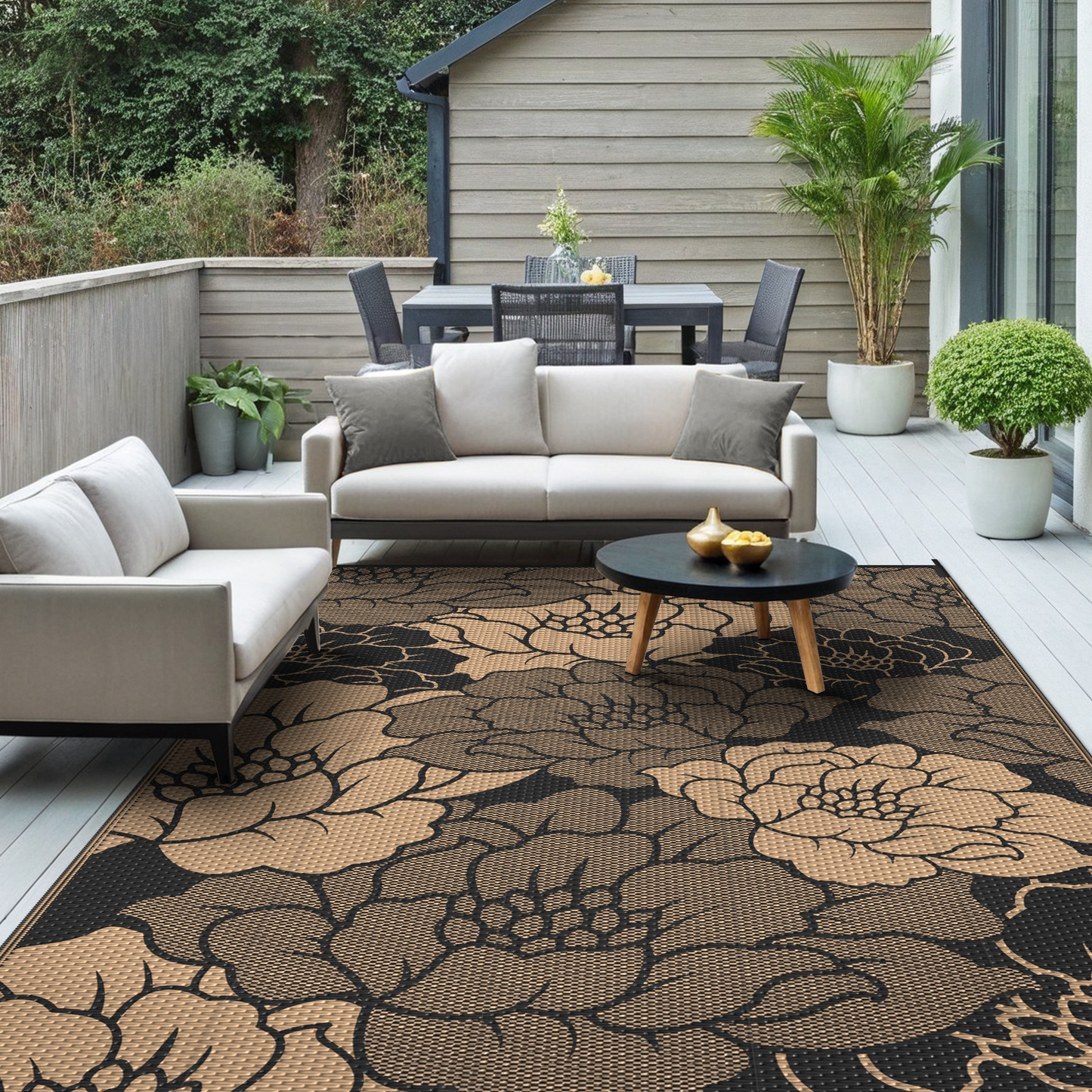 KUETH 8'x 10' Outdoor Rug Plastic Waterproof Outside Foldable Flower Mat UV Resistant Patio RV Deck Carpet,Black Brown
