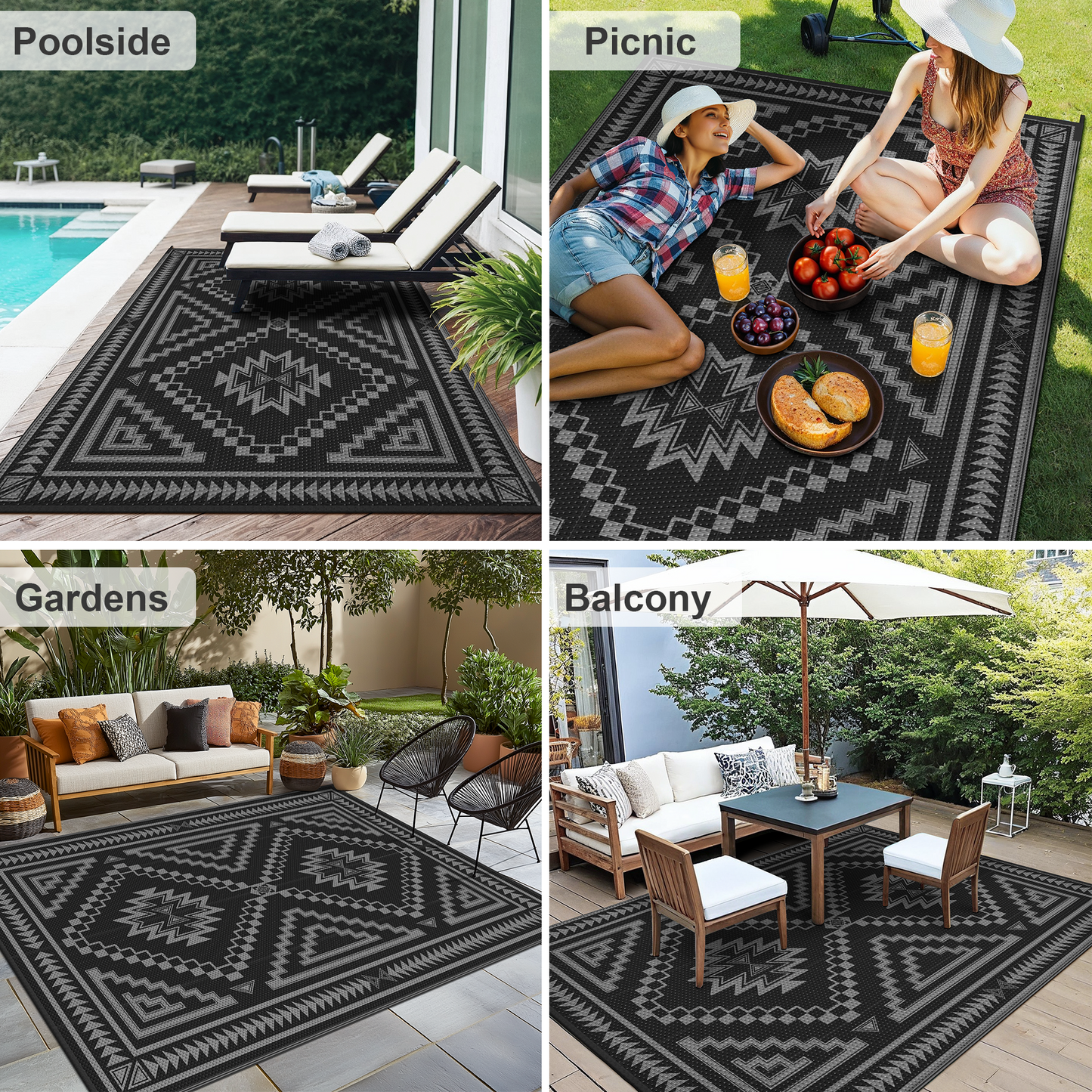 KUETH 6' x 9' Outdoor Waterproof Rug Camping Mat Patio Carpet,Black & Gray