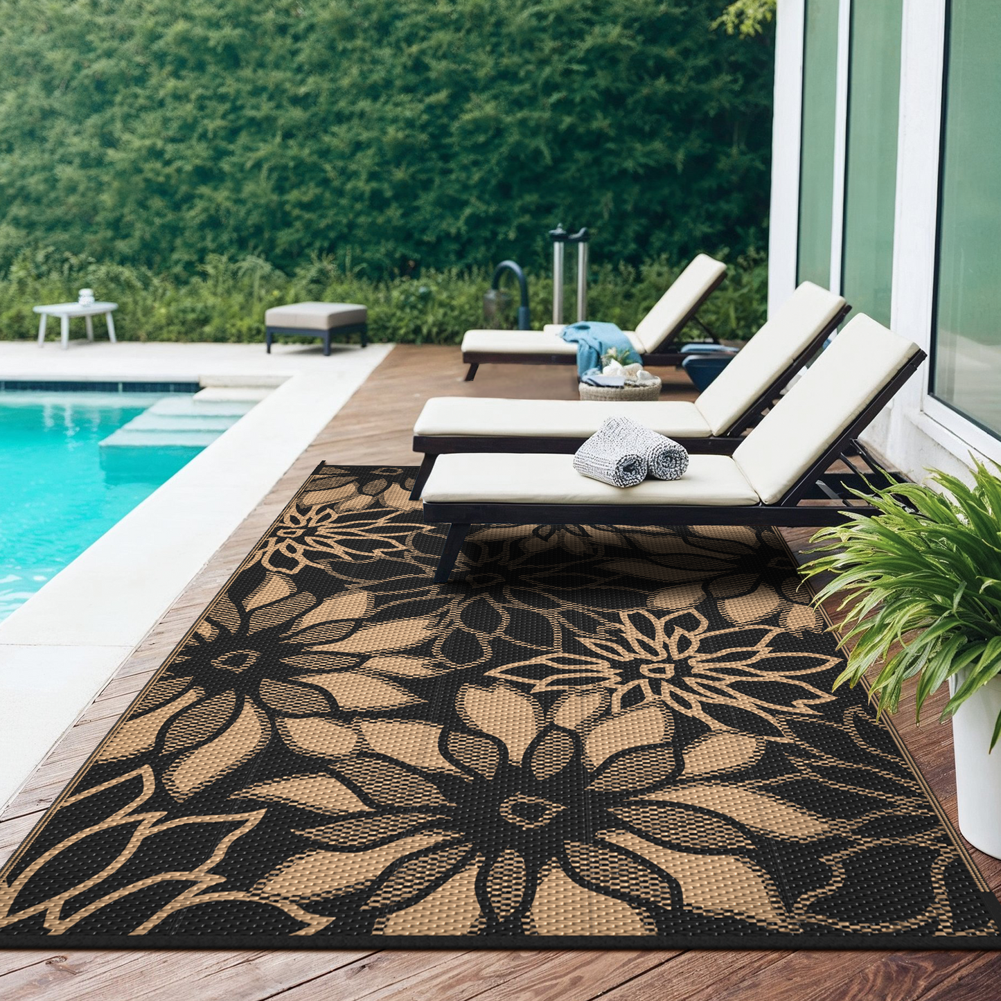 KUETH 5'x8' Outdoor Rug Waterproof Plastic Reversible Patio Camping Outside Carpet,Black Brown
