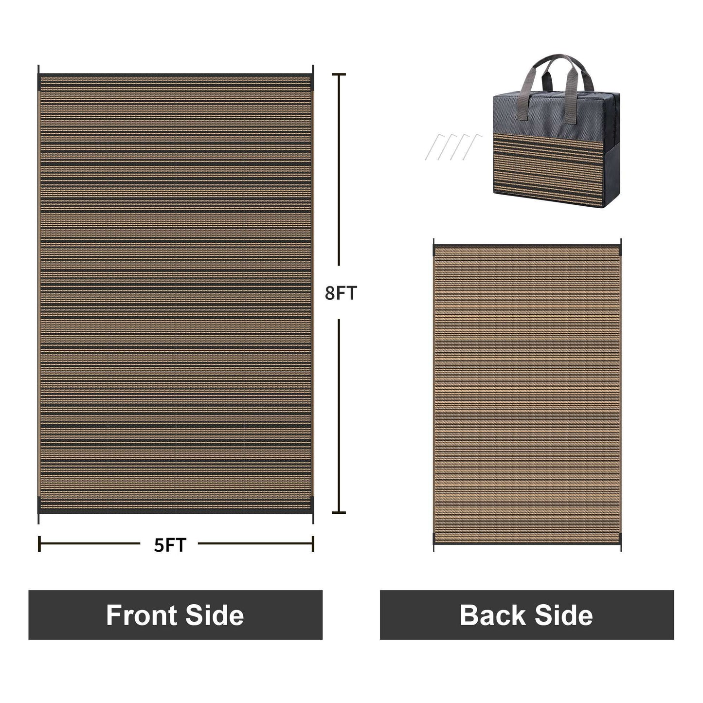 KUETH 5'x 8' Outdoor Waterproof Rug Camping Mat Patio Carpet,Black&Brown